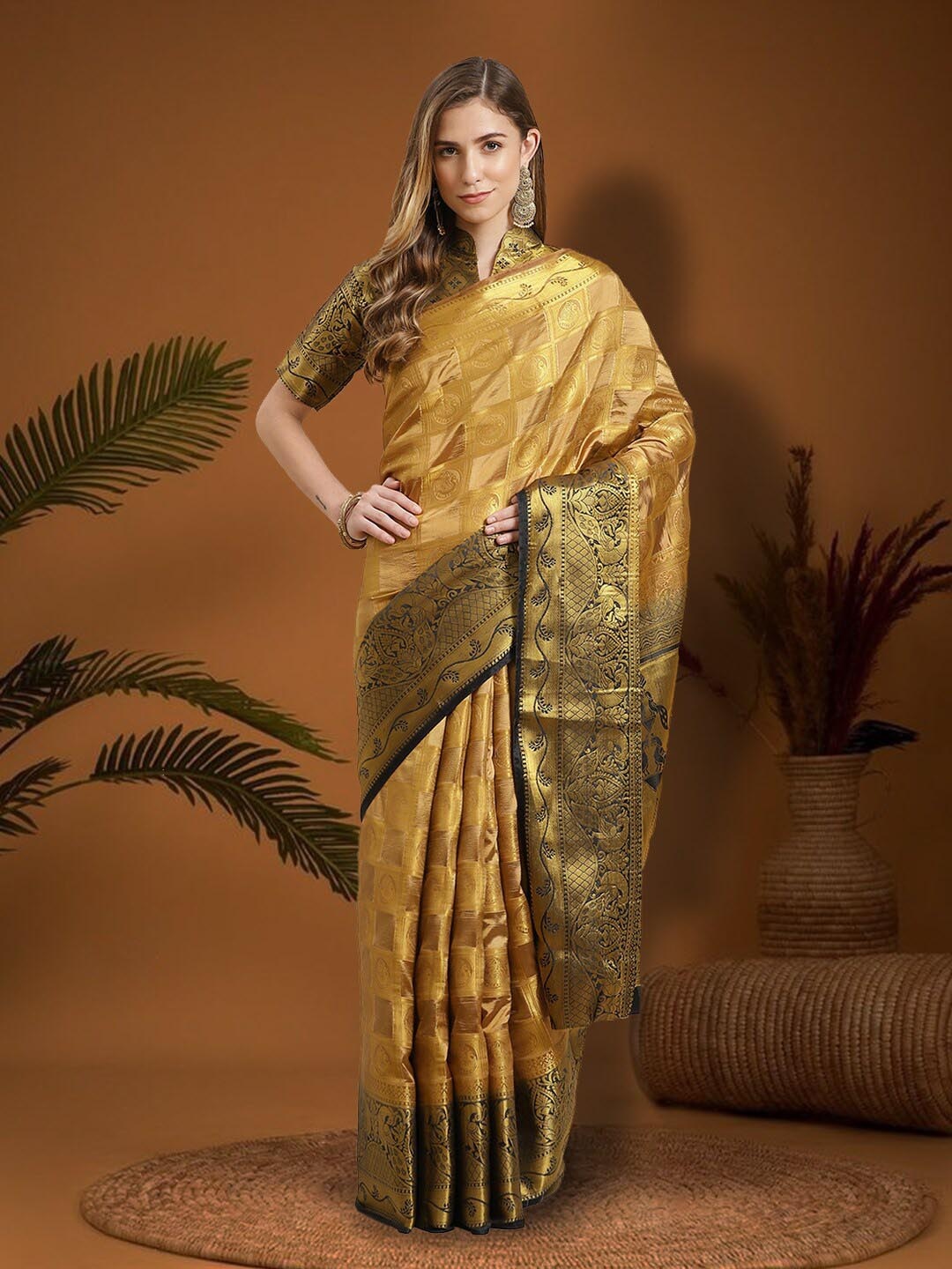 

KALINI Ethnic Motifs Woven Design Zari Banarasi Saree, Beige