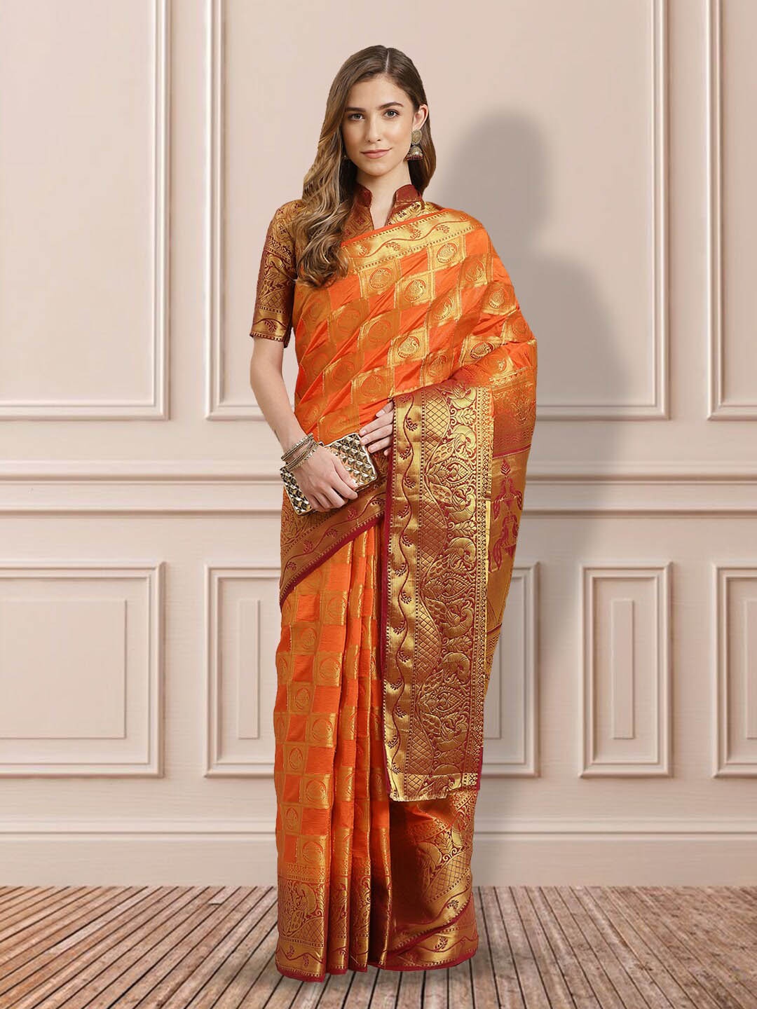 

KALINI Woven Design Zari Banarasi Saree, Orange
