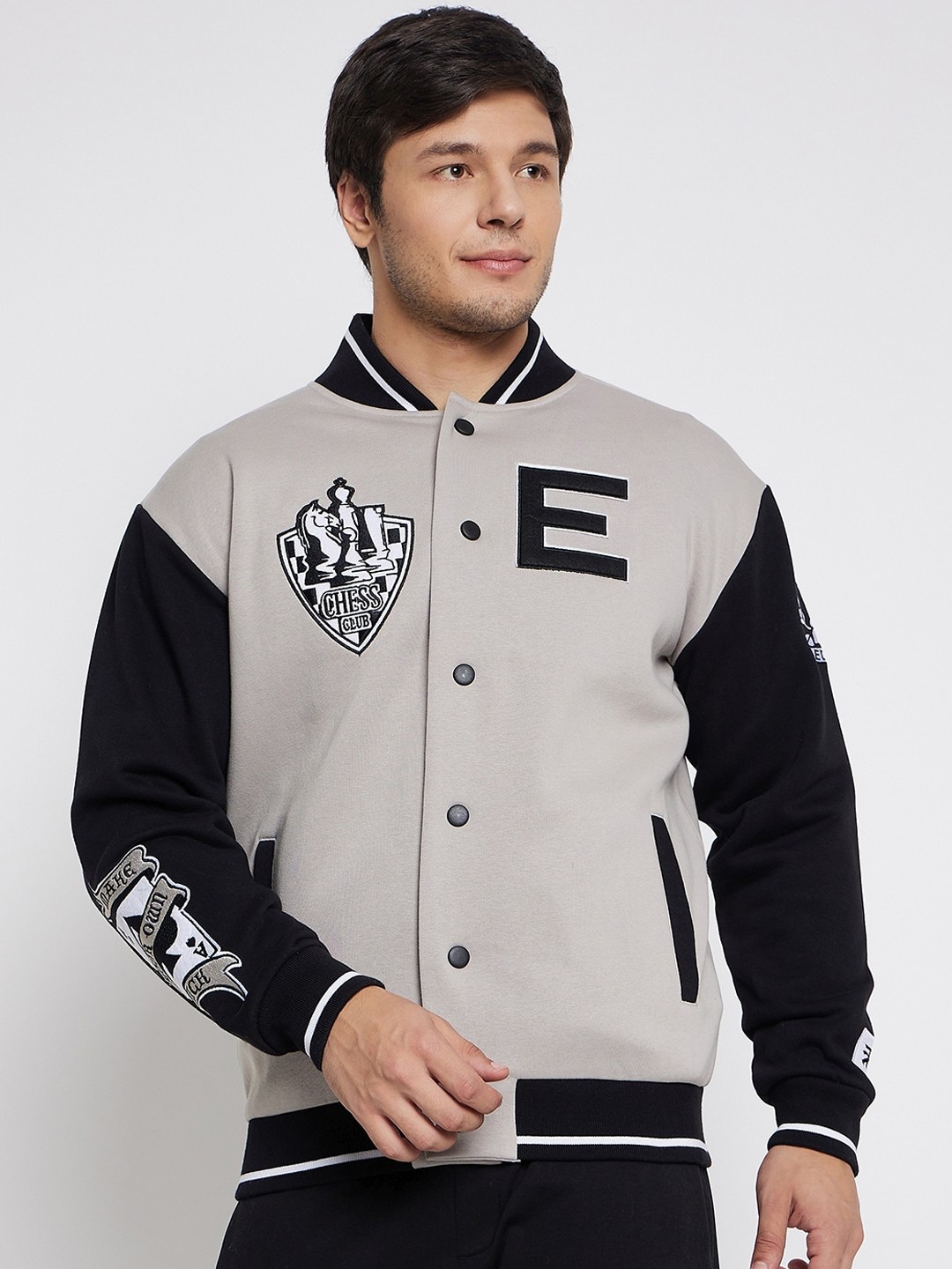 

EDRIO Graphic Printed Cotton Varsity Jacket, Grey