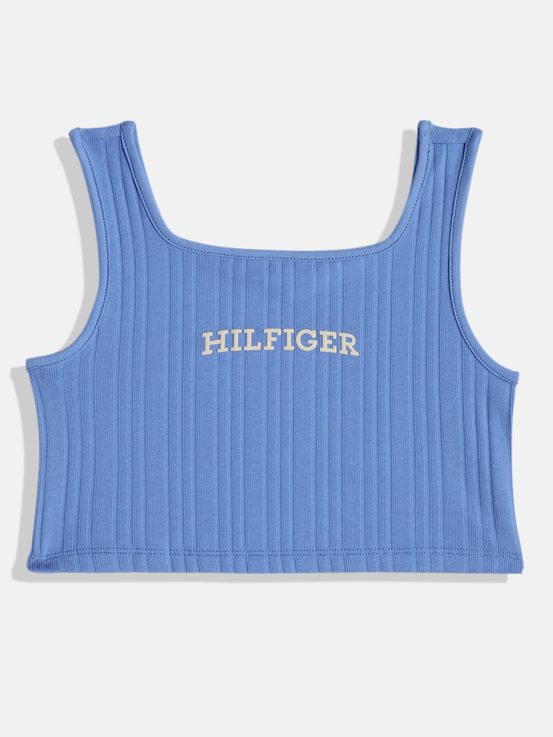 

Tommy Hilfiger Girls Self Vertical Stripes Square Neck Crop Top with Brand Logo Print, Blue