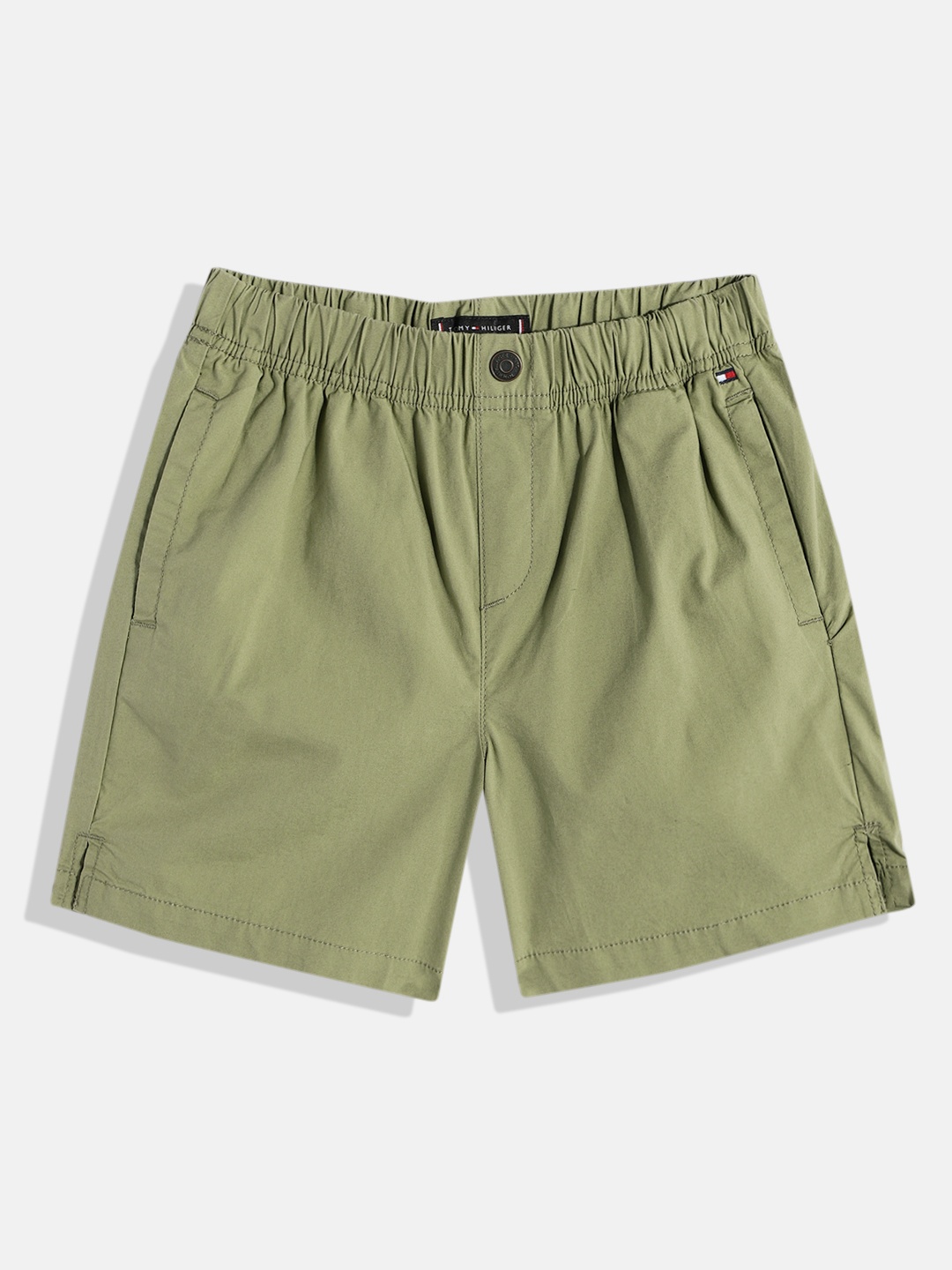 

Tommy Hilfiger Boys Loose Fit Regular Shorts With Mini Side Slits & Button Detail, Olive