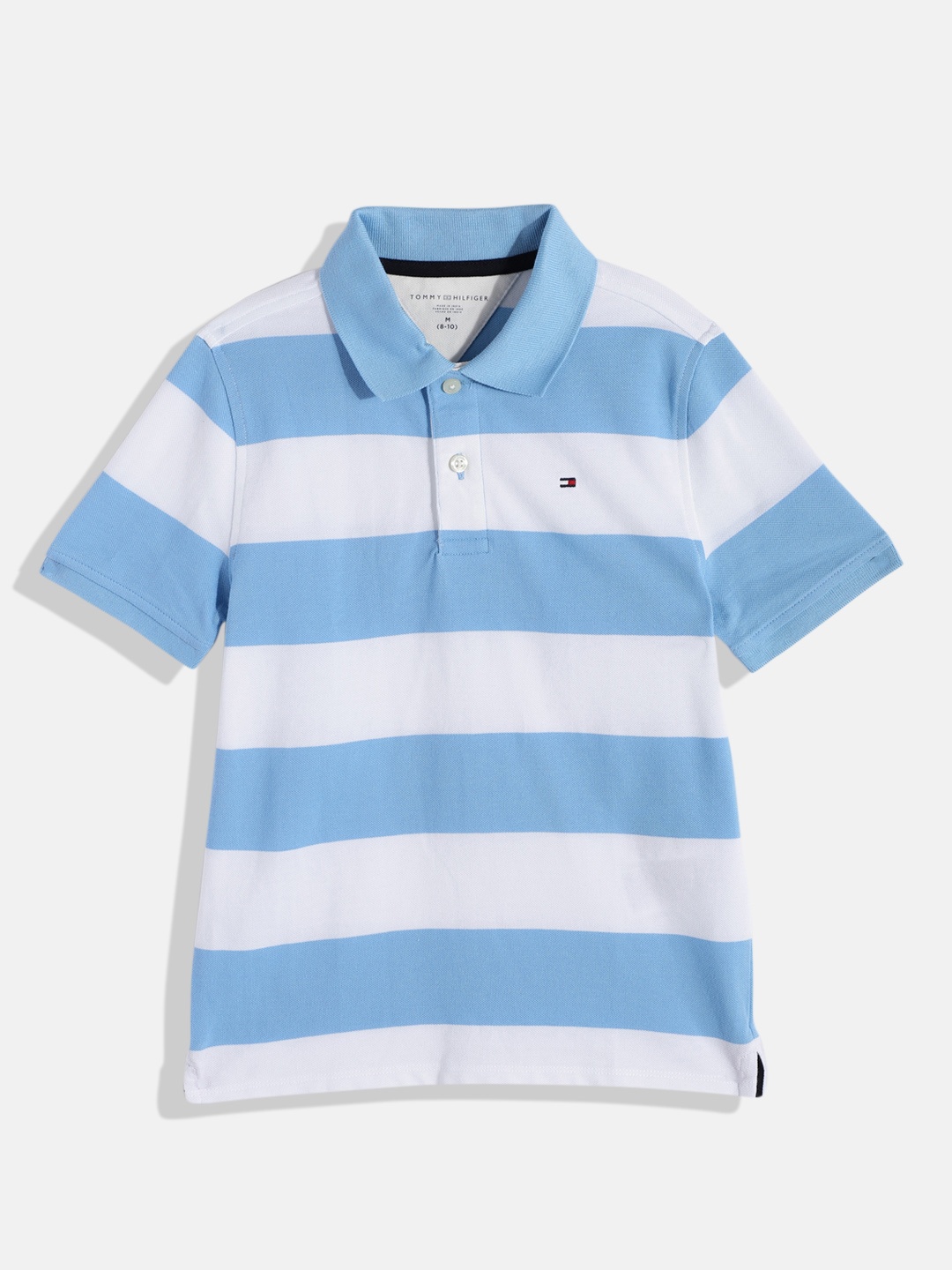 

Tommy Hilfiger Boys Block Stripes Polo Collar Knitted Pure Cotton T-shirt, Blue