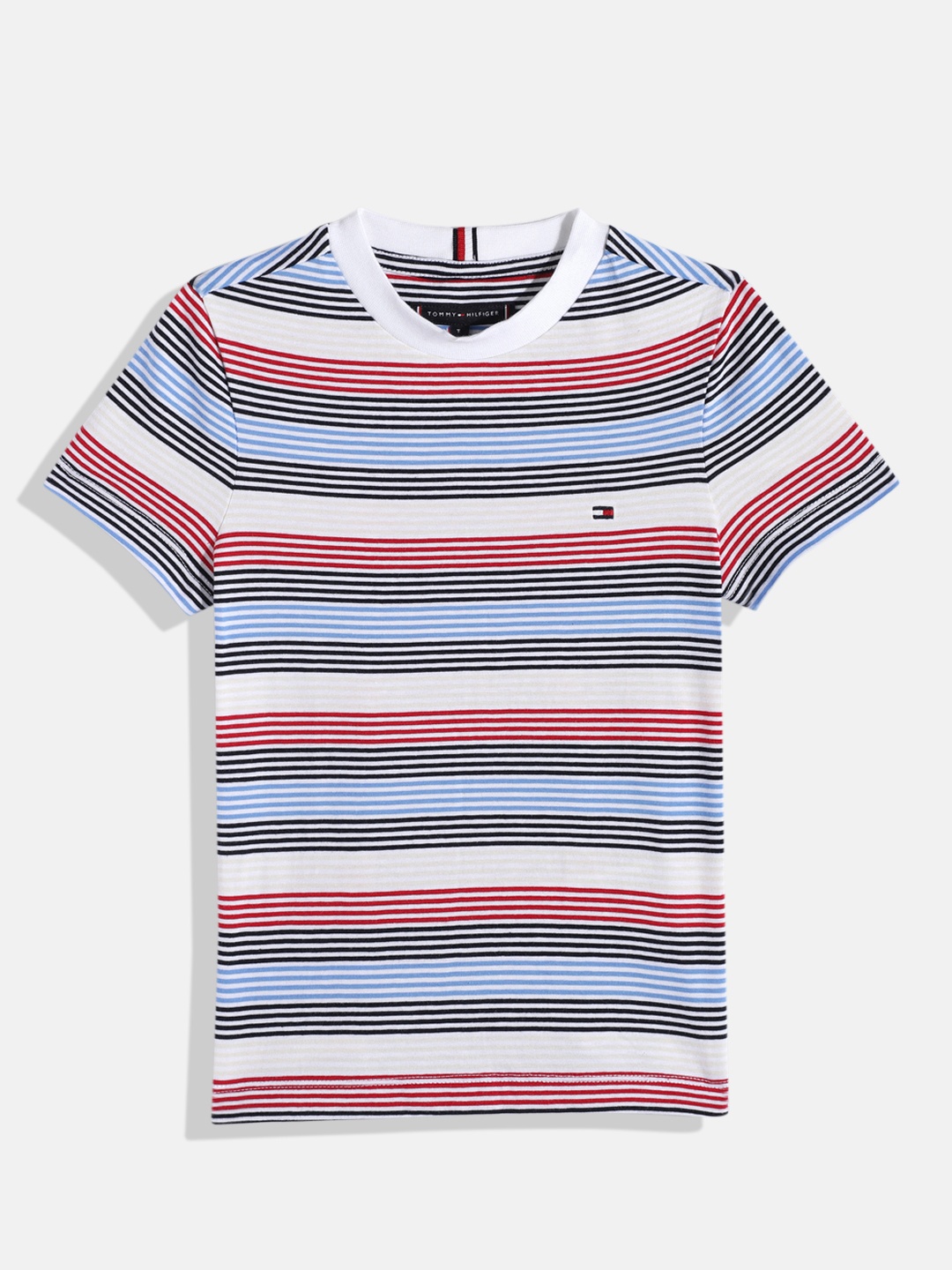 

Tommy Hilfiger Boys Multi Or Variegated Stripes Knitted Pure Cotton T-shirt, Blue