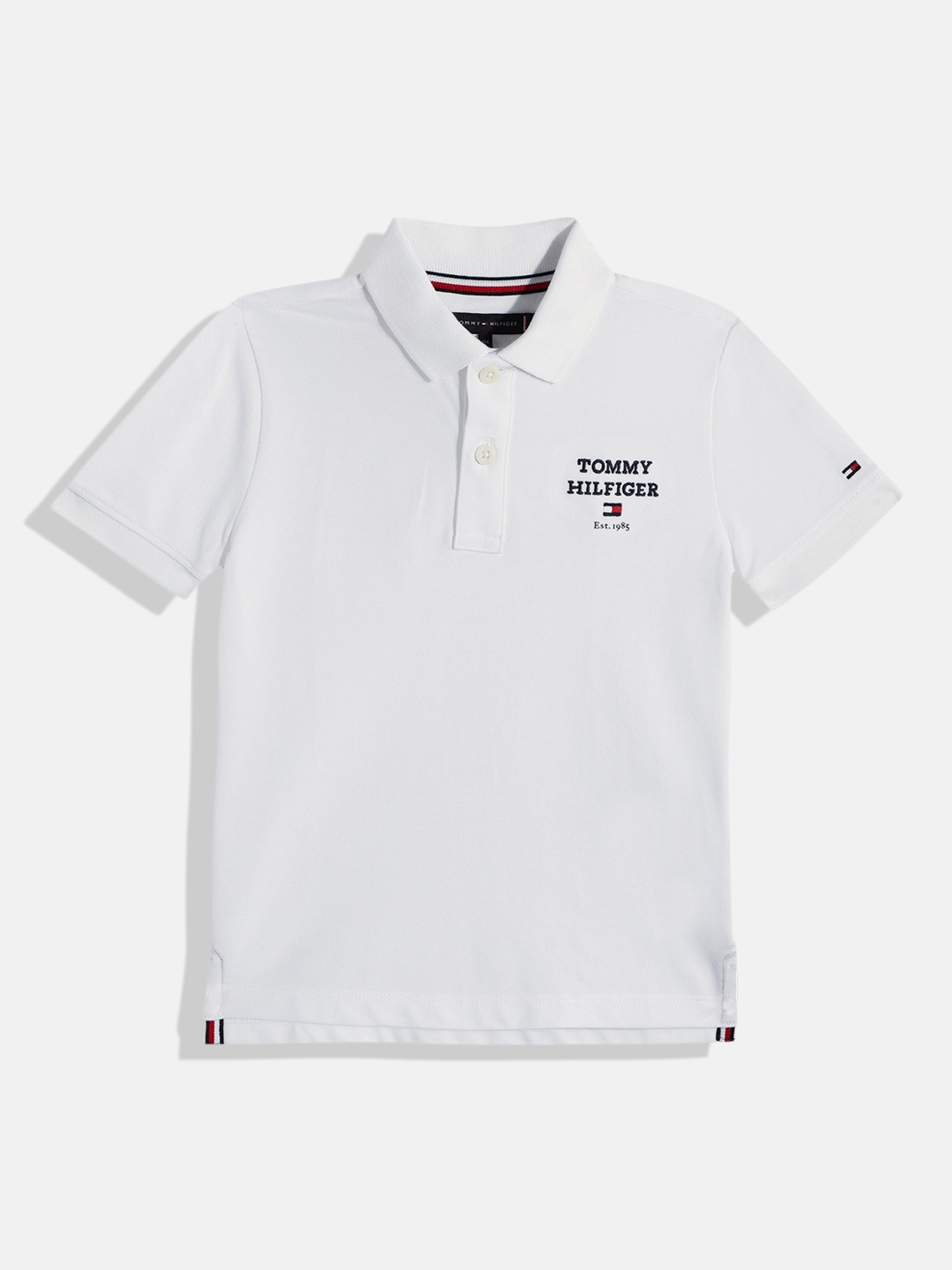 

Tommy Hilfiger Boys Solid Polo Collar Pure Cotton T-shirt With Brand Logo Embroidery, White