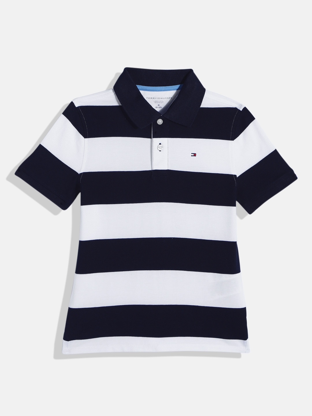 

Tommy Hilfiger Boys Block Stripes Polo Knitted Collar Pure Cotton T-shirt, Navy blue