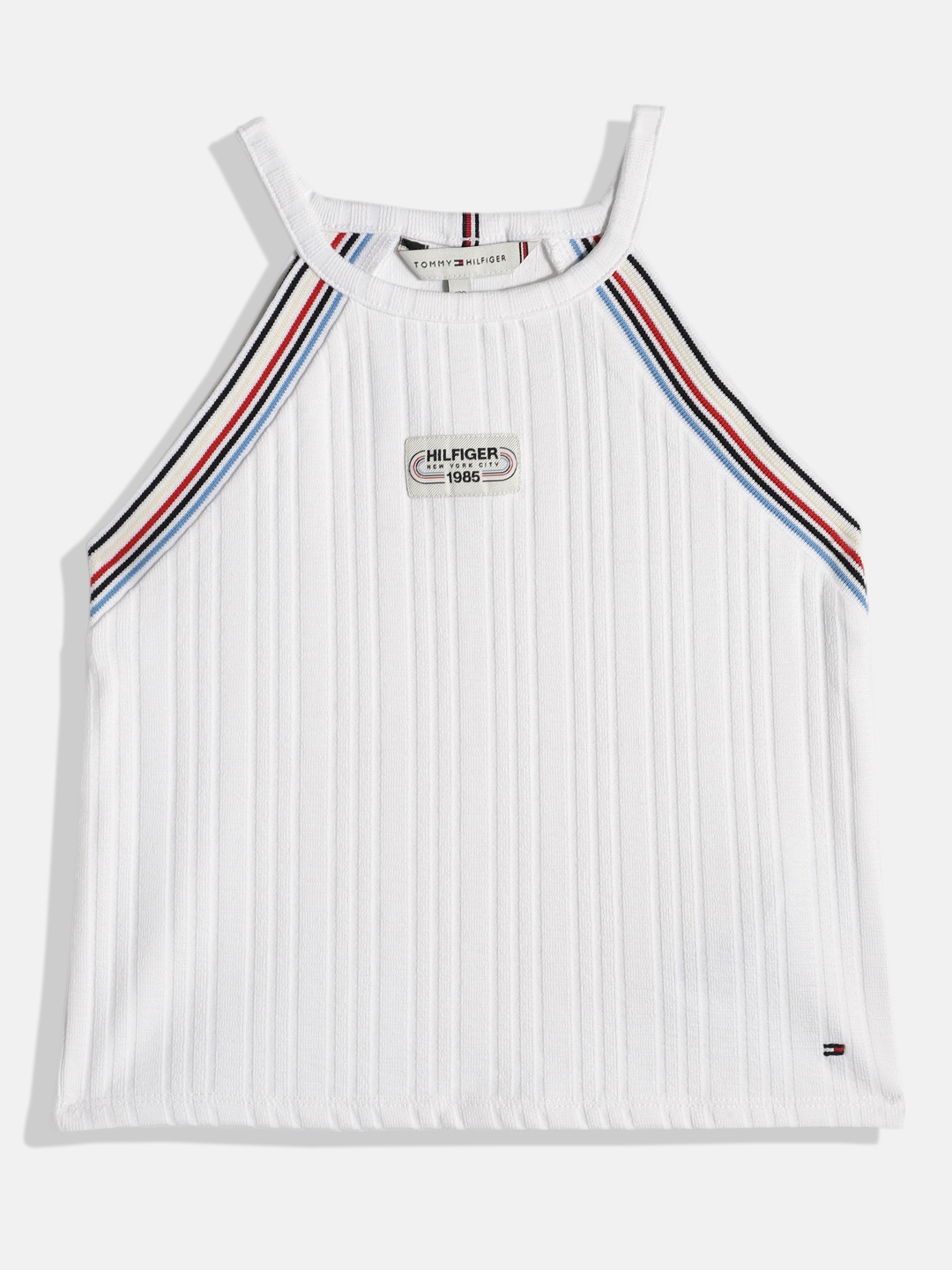 

Tommy Hilfiger Girls Self Vertical Stripes Shoulder Straps Applique Regular Top, White