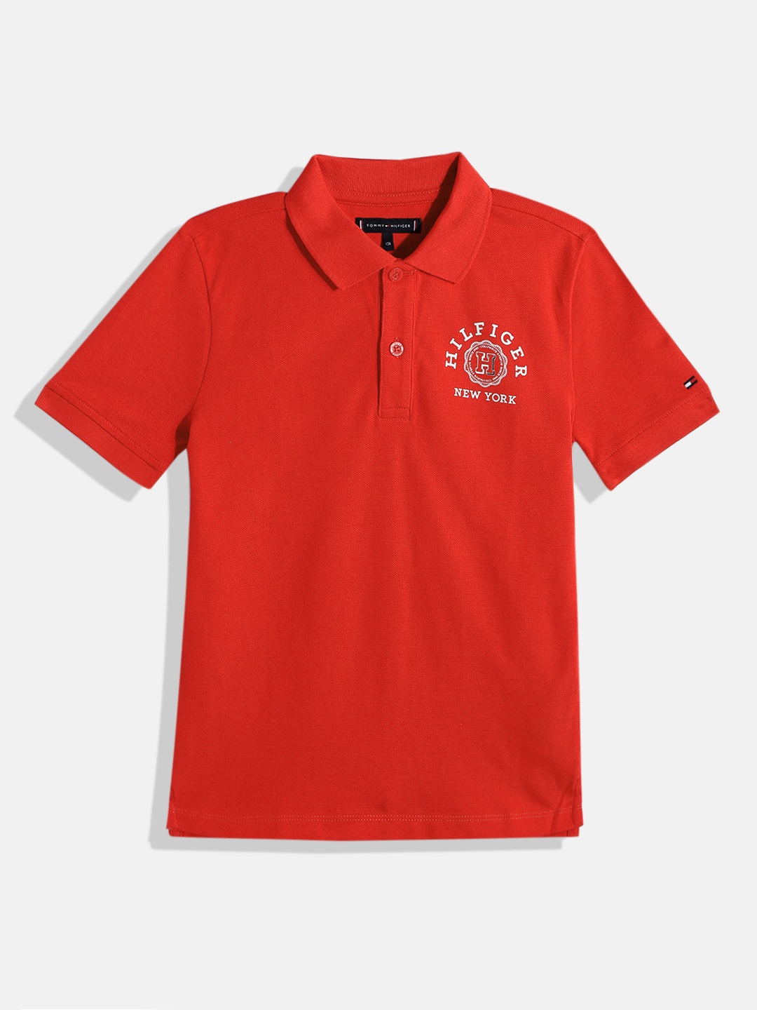 

Tommy Hilfiger Boys Brand Logo Placement Print Polo Collar Knitted Pure Cotton T-shirt, Red