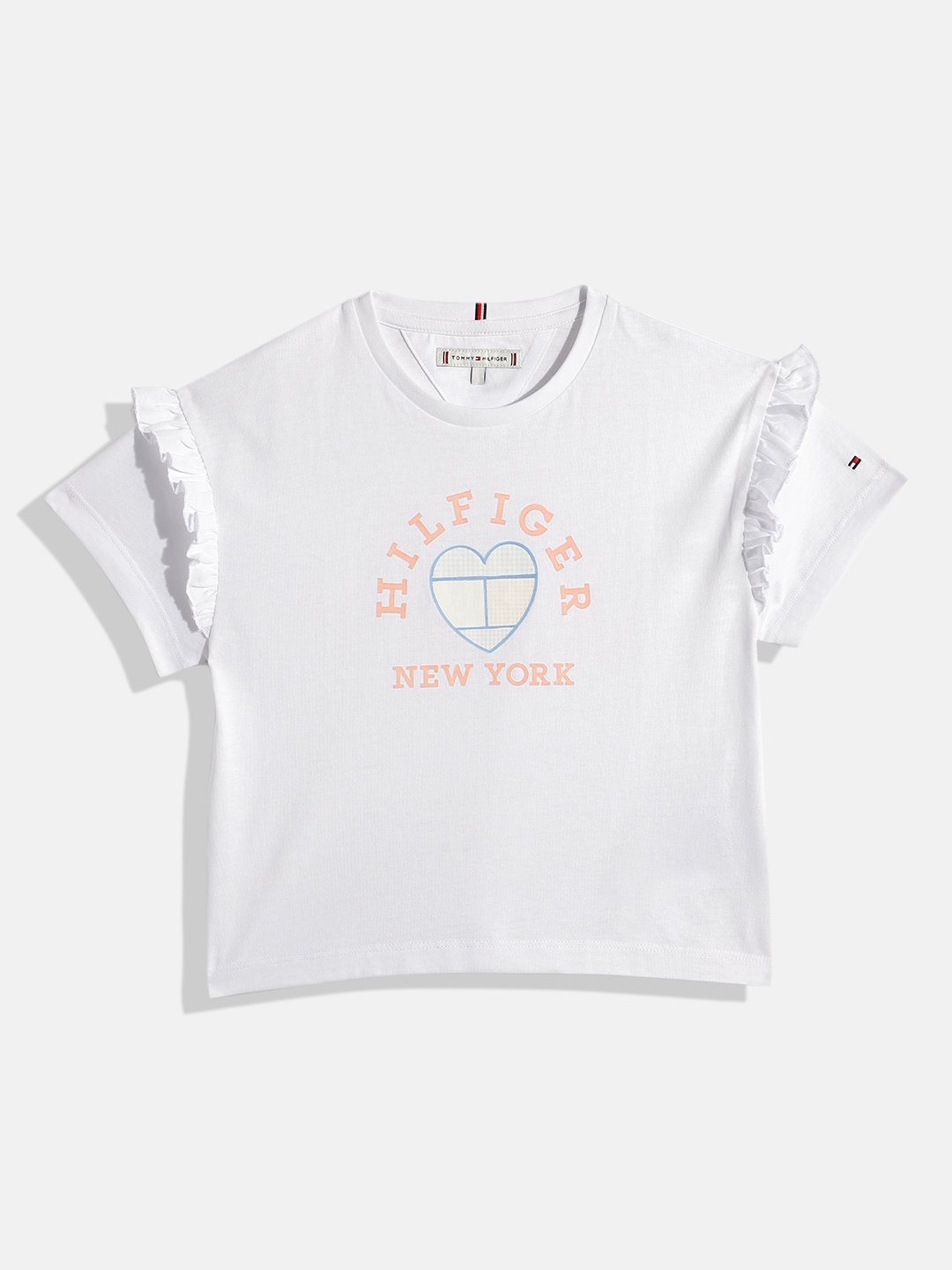 

Tommy Hilfiger Girls Brand Logo Printed Ruffled T-shirt, White