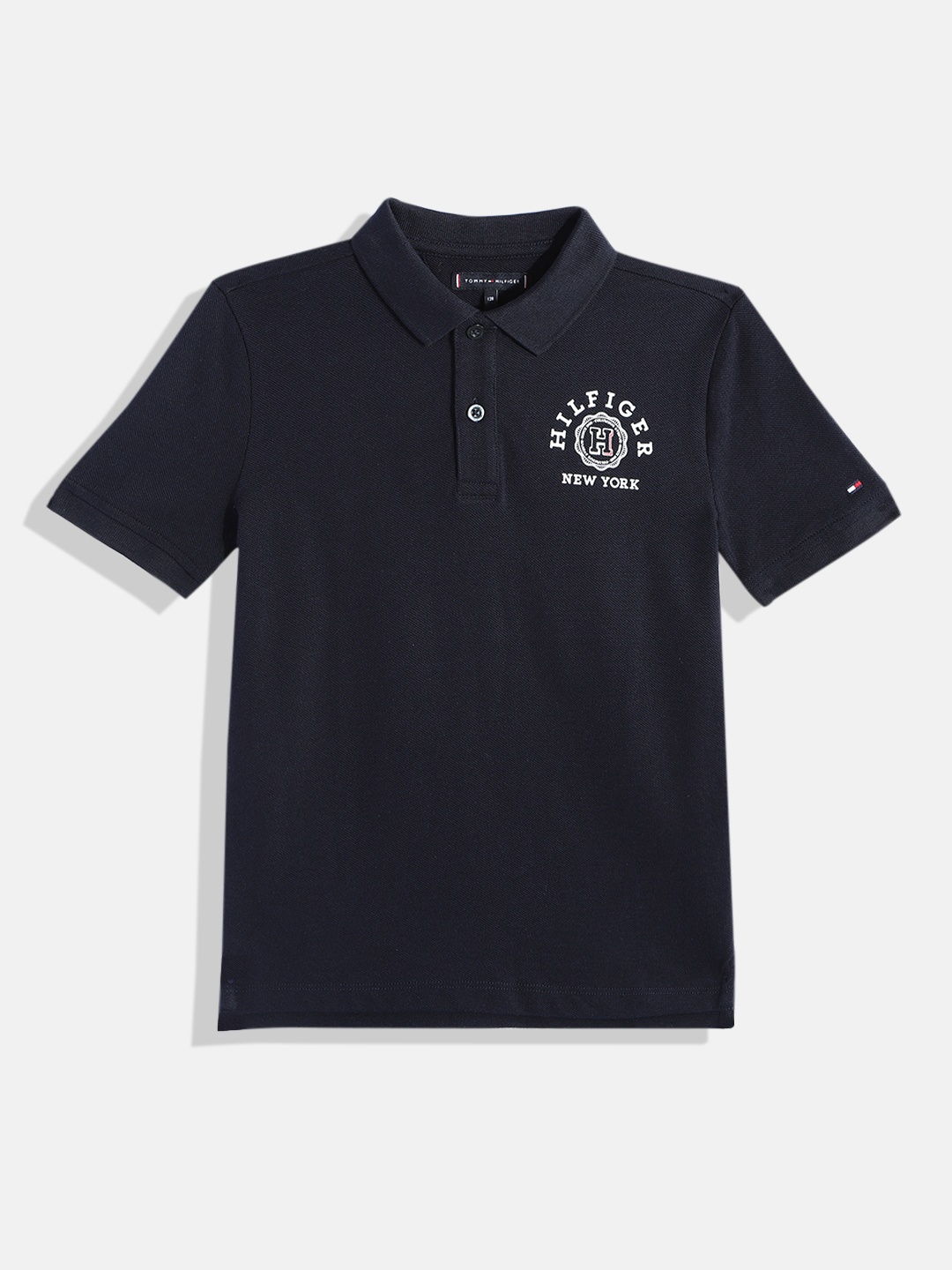 

Tommy Hilfiger Boys Brand Logo Placement Print Polo Collar Knitted Pure Cotton T-shirt, Navy blue