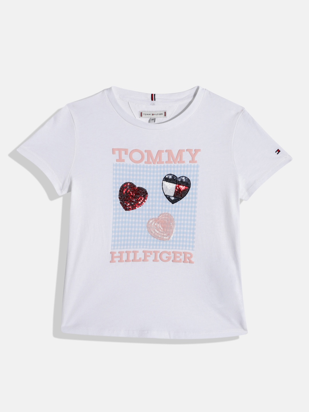 

Tommy Hilfiger Girls Brand Logo Print & Checked Sequinned Pure Cotton Slim Fit T-shirt, White