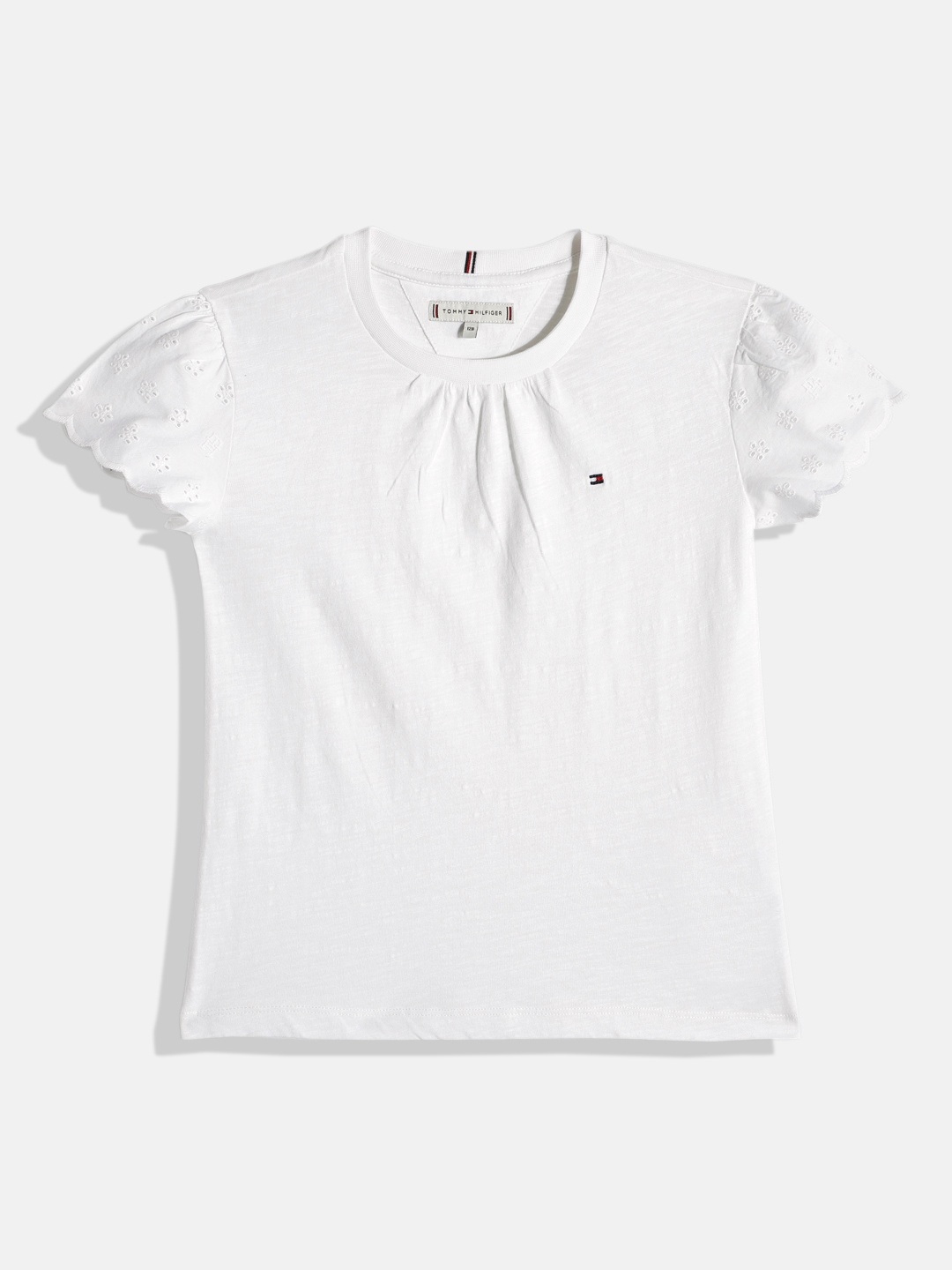 

Tommy Hilfiger Girls Solid Gathered Or Plated Schiffli Pure Cotton Top, White