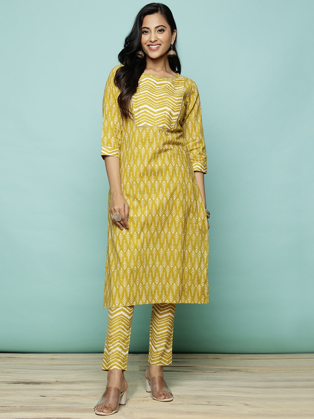 

Rangita Ethnic Motifs Printed Sequinned Pure Cotton Kurta With Trouser, Mustard