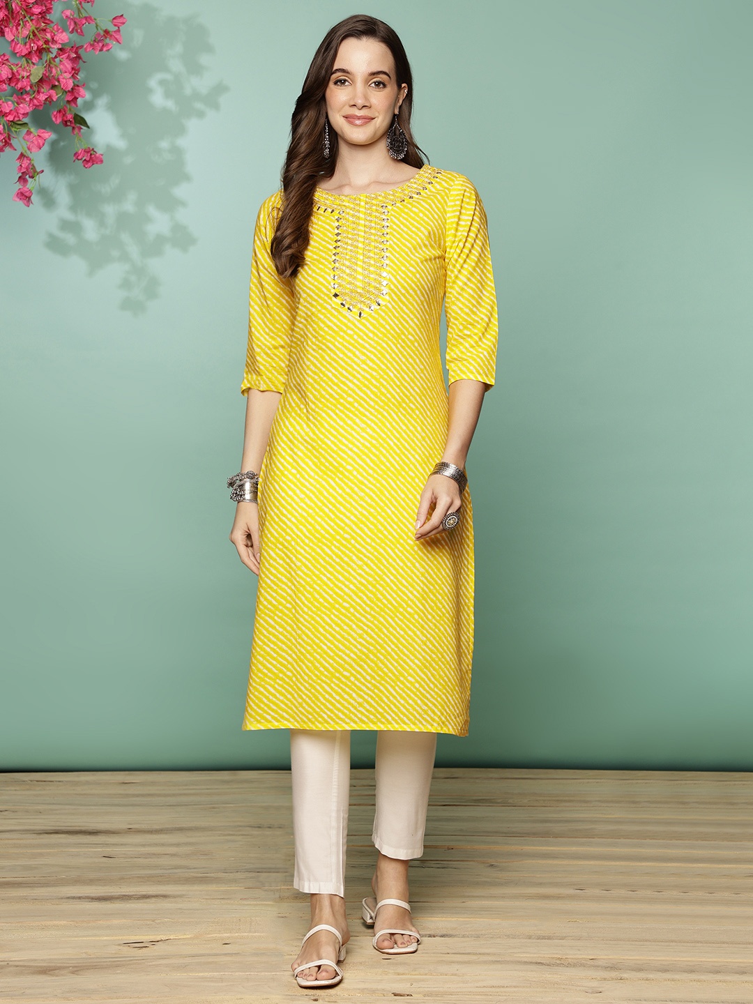 

Rangita Ethnic Motifs Embroidered Round Neck Pure Cotton Straight Kurta with Trousers, Yellow