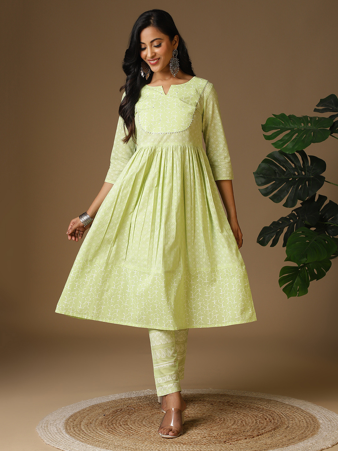 

Rangita Ethnic Motifs Embroidered Notched Neck Pure Cotton Anarkali Kurta with Trousers, Lime green