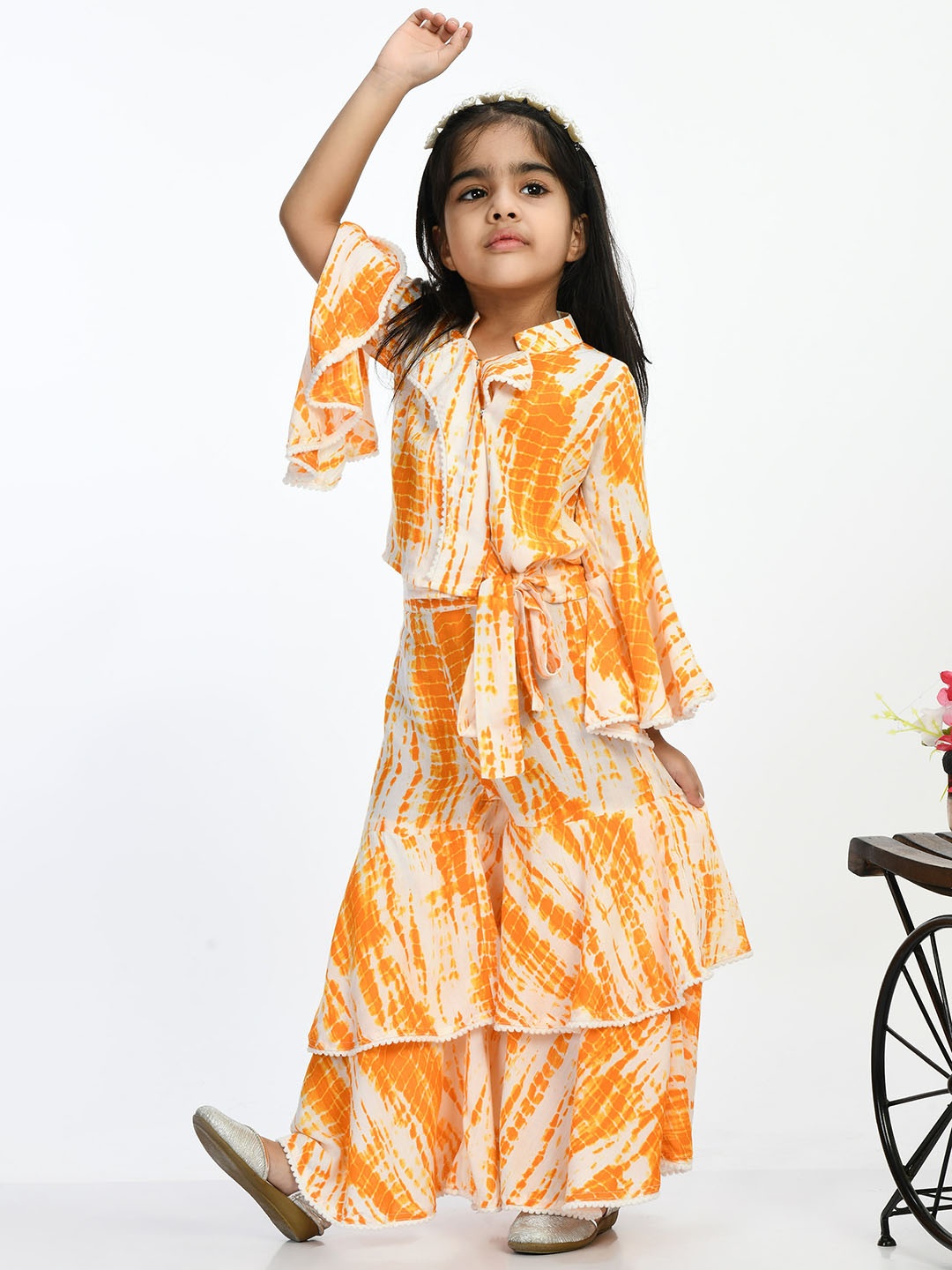 

BAESD Girls Abstract Yoke Design Layered V-Neck Gotta Patti Top with Sharara, Yellow