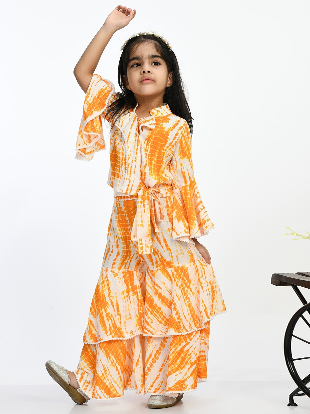 

BAESD Girls Tie & Dye Printed Mandarin Collar Top With Sharara, Yellow
