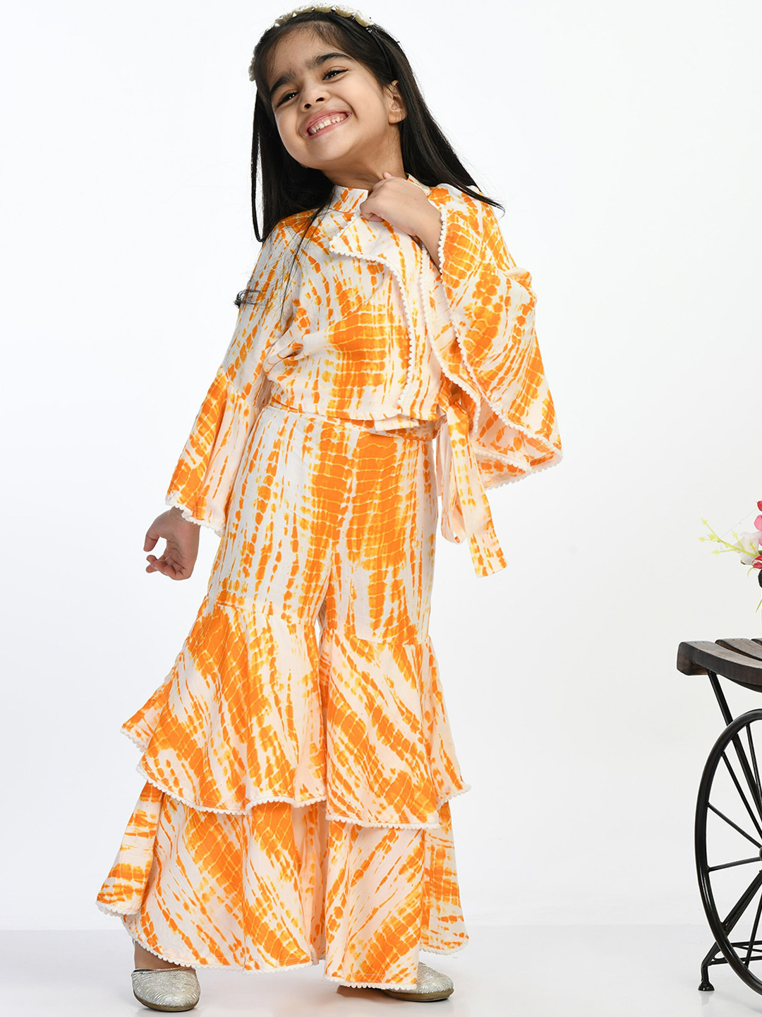 

BAESD Girls Tie & Dye Printed Mandarin Collar Top With Sharara, Yellow