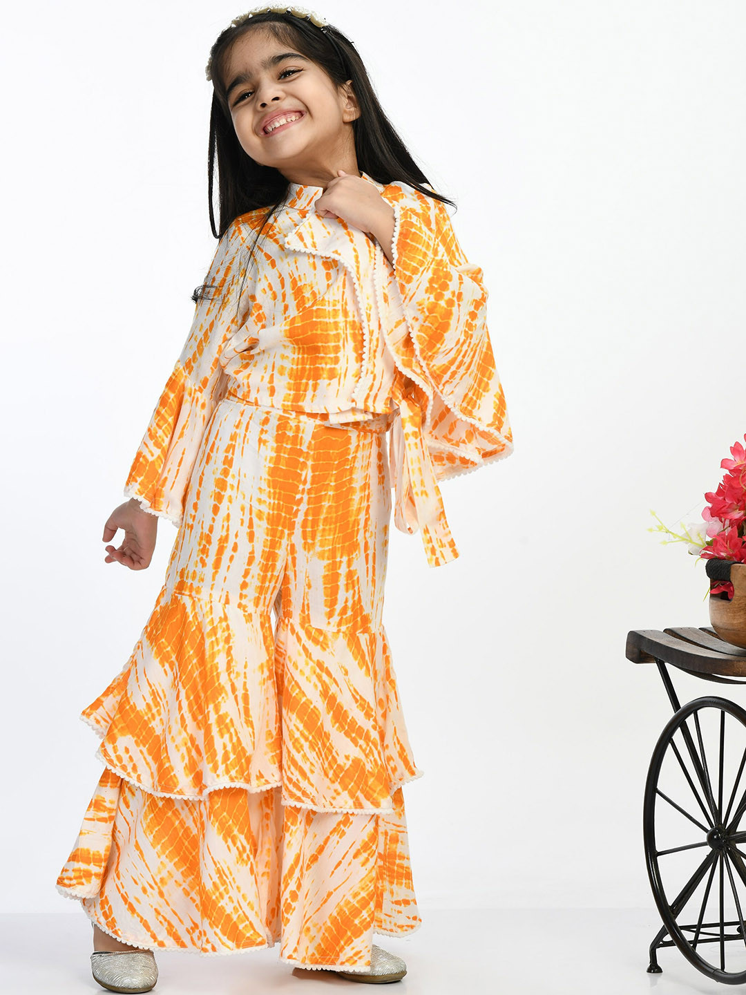 

BAESD Girls Tie & Dye Printed Mandarin Collar Top With Sharara, Yellow