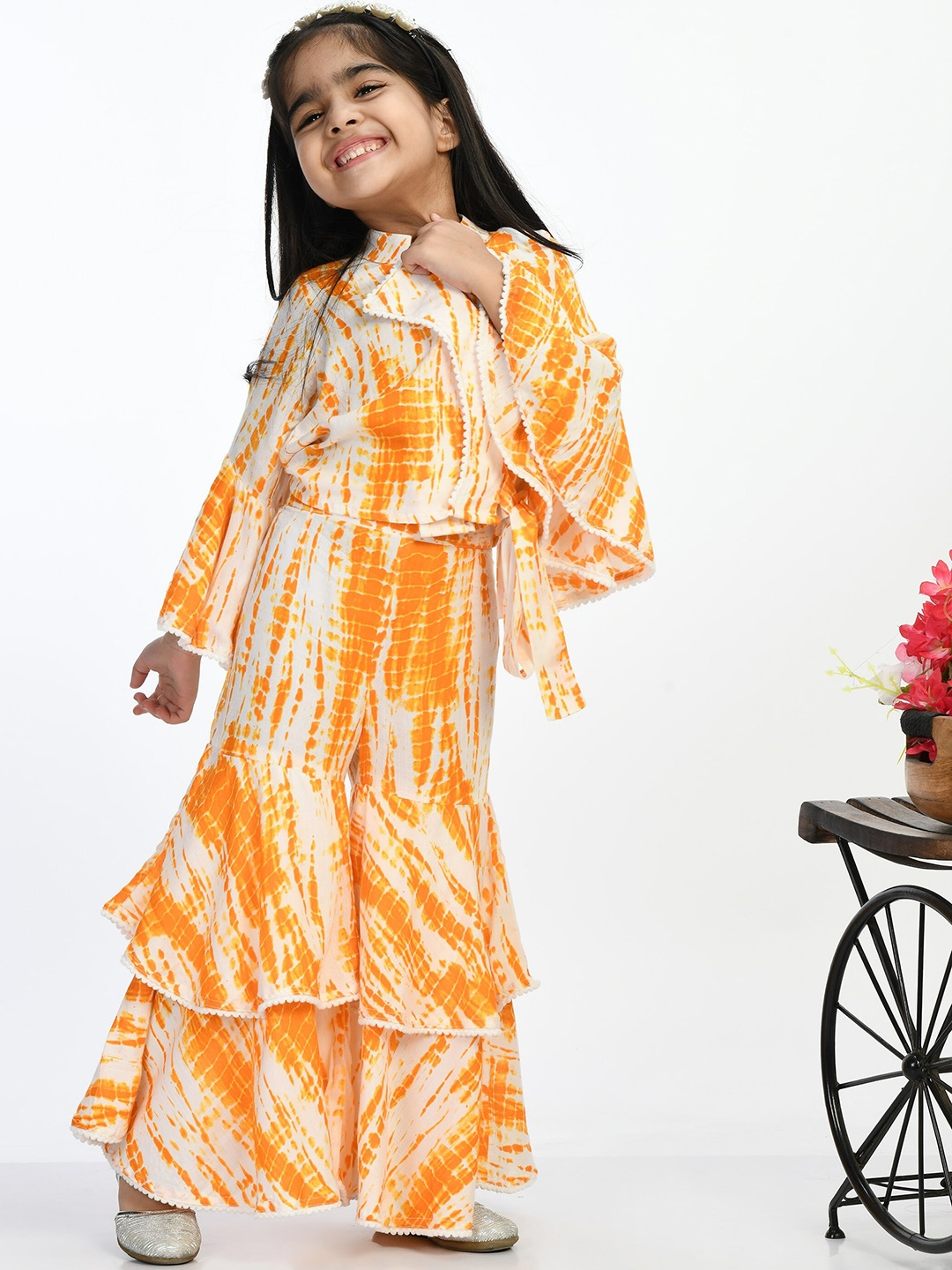 

BAESD Girls Tie & Dye Printed Mandarin Collar Top With Sharara, Yellow