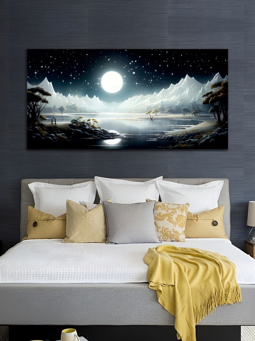 

MITHILA Handicrafts White & Black Mountain With Moon Canvas Wall Art