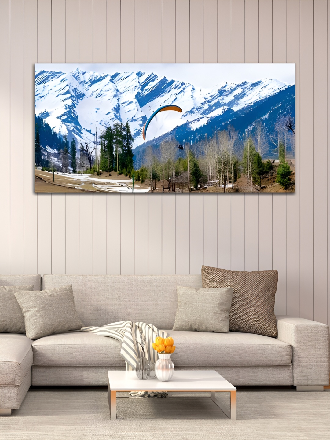 

MITHILA Handicrafts White & Blue Solang Valley Manali Beautiful Canvas Wall Art