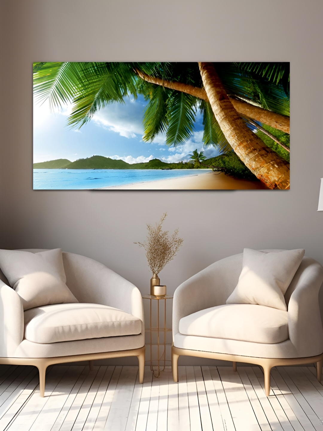 

MITHILA Handicrafts Blue & Green Beach Palm Tree Canvas Wall Art