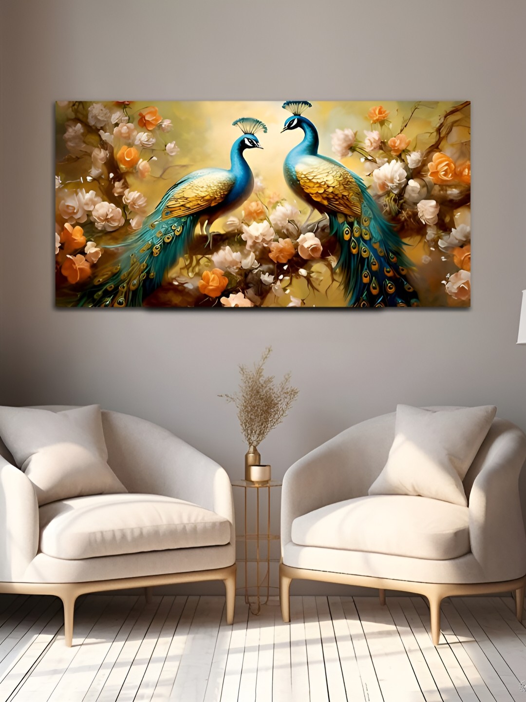 

MITHILA Handicrafts Gold Toned & Turquoise Blue Peacock Canvas Wall Art