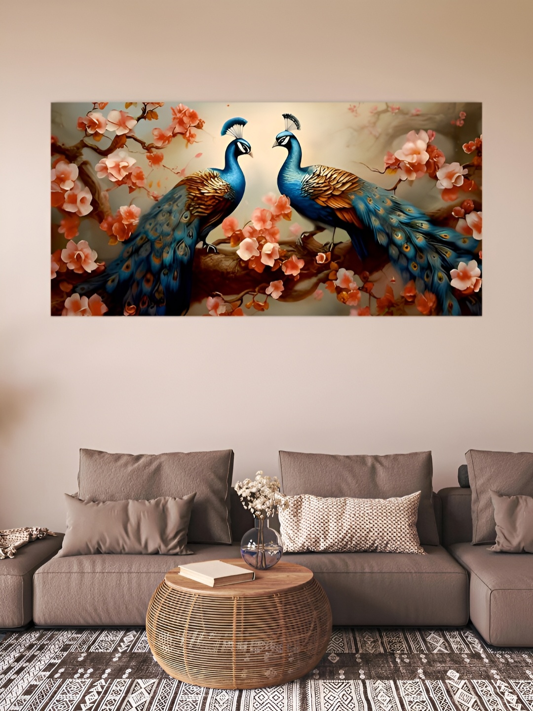 

MITHILA Handicrafts Peach & Turquoise Blue Peacock Love With Flowers Canvas Wall Art
