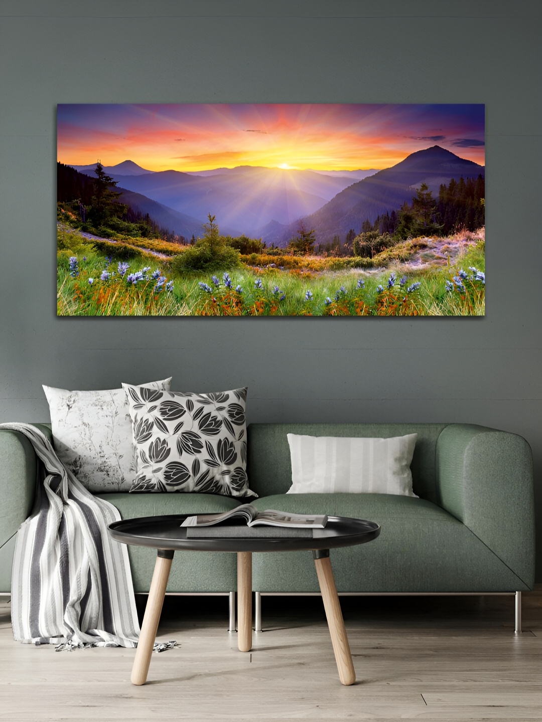 

MITHILA Handicrafts Blue & Yellow Sunrise & Mountain Canvas Wall Art