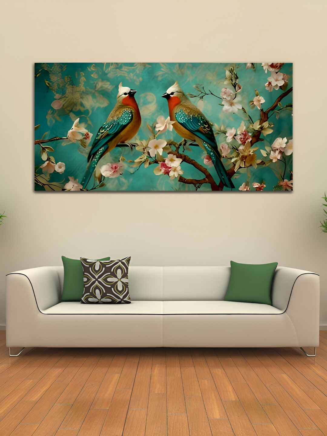 

MITHILA Handicrafts Beige & Turquoise Blue Canvas Birds and Animals Wall Art