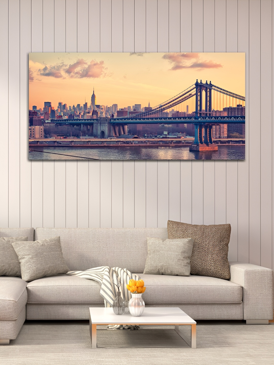 

MITHILA Handicrafts Blue & Yellow New York City With Bridges Canvas Wall Art