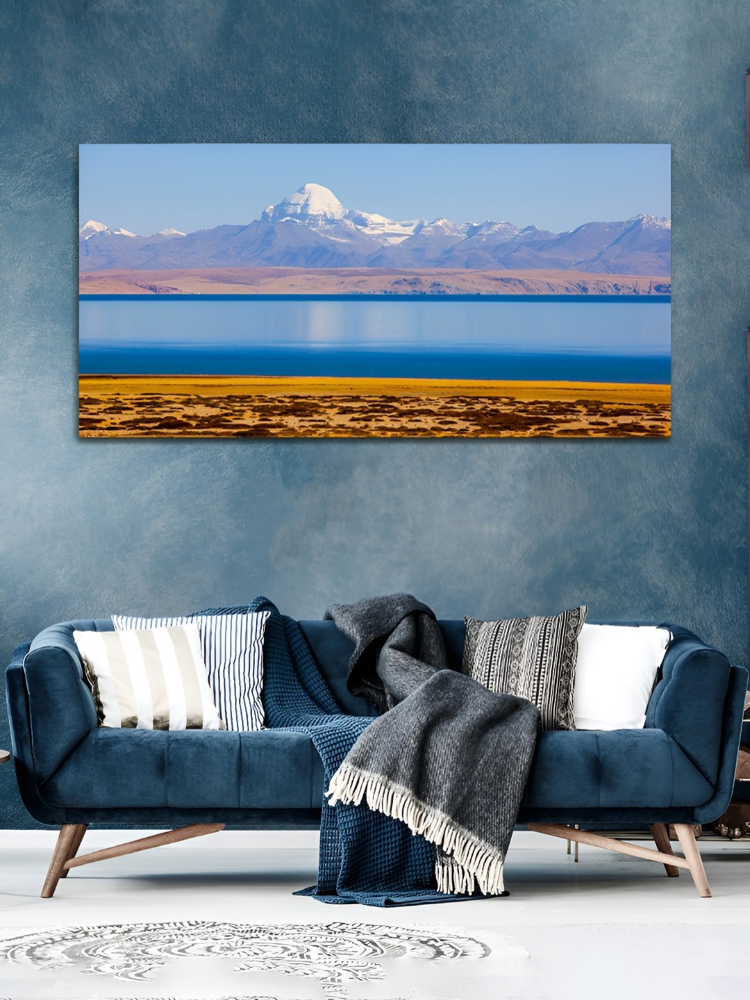 

MITHILA Handicrafts Blue & Brown Beautiful Mountain & River Canvas Wall Art