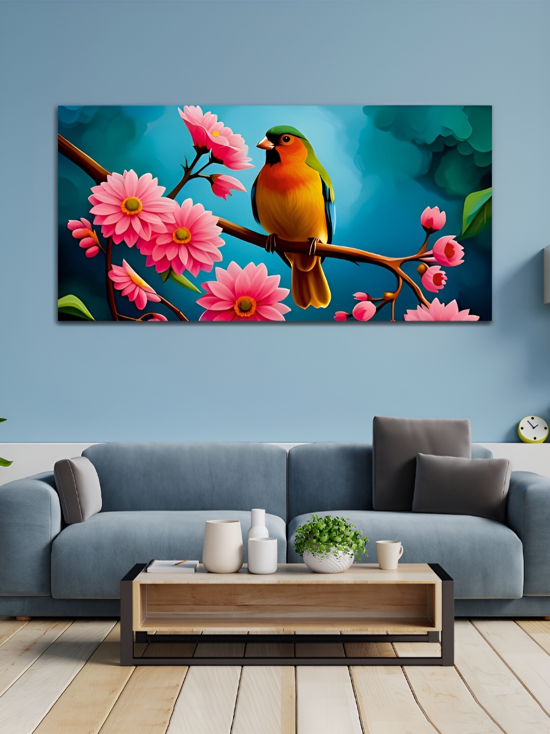 

MITHILA Handicrafts Pink & Green Birds And Flowers Canvas Wall Art