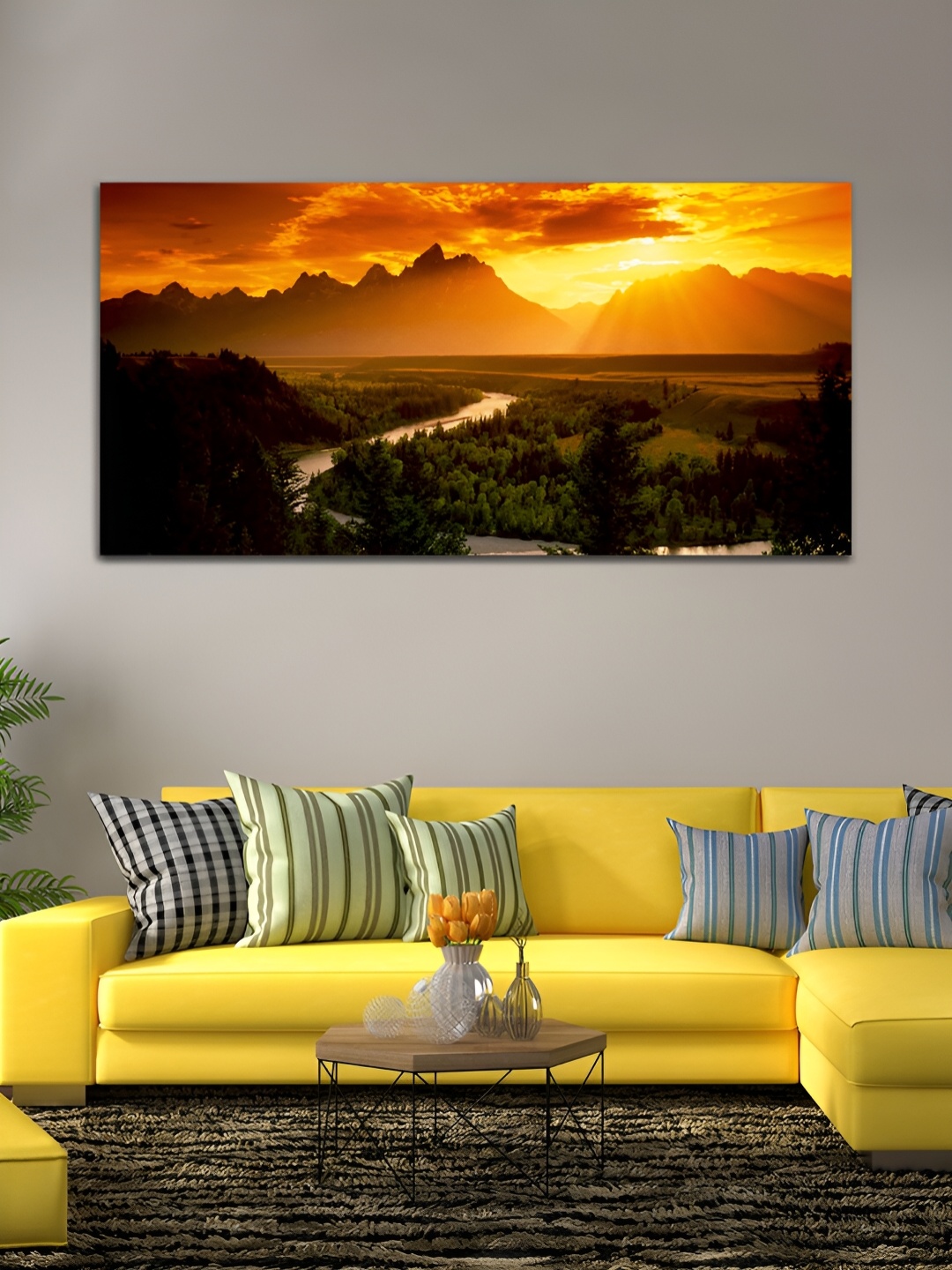 

MITHILA Handicrafts Black & Yellow Beautiful Sunrise & Mountain Canvas Wall Art