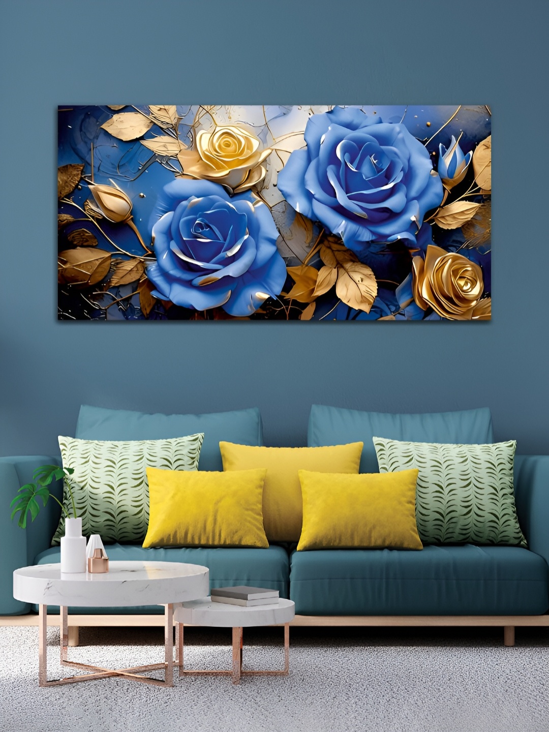 

MITHILA Handicrafts Blue & Gold Toned Flowers Canvas Wall Art