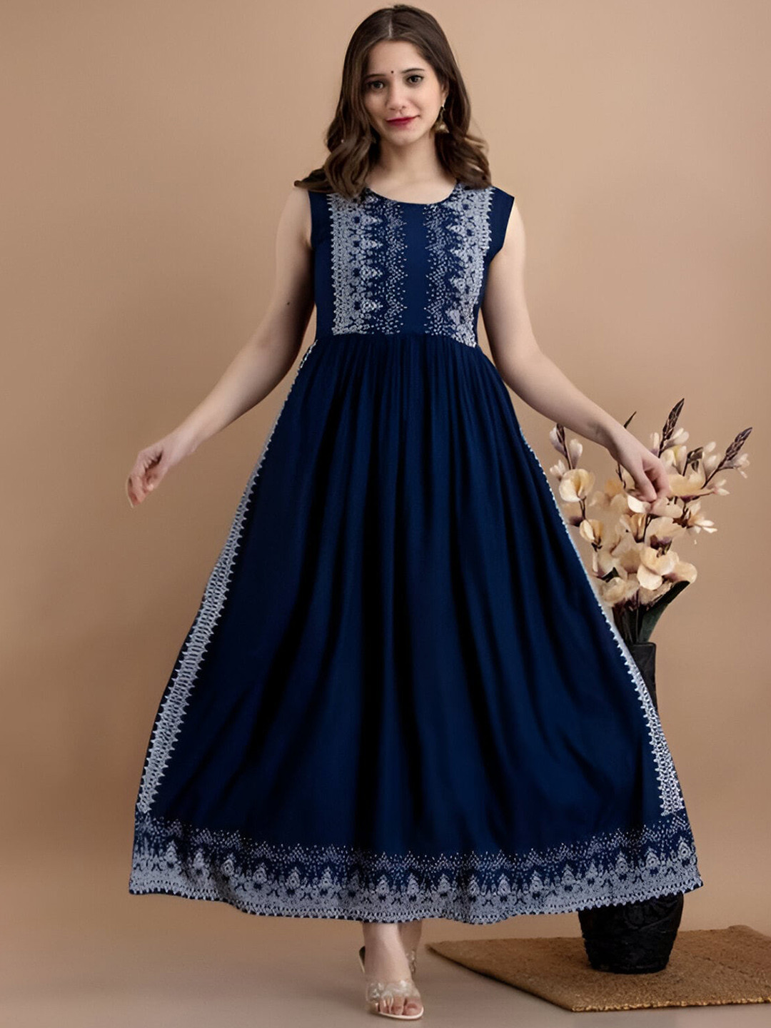 

BAESD Ethnic Motifs Printed Sleeveless Pleated Anarkali Kurta, Navy blue