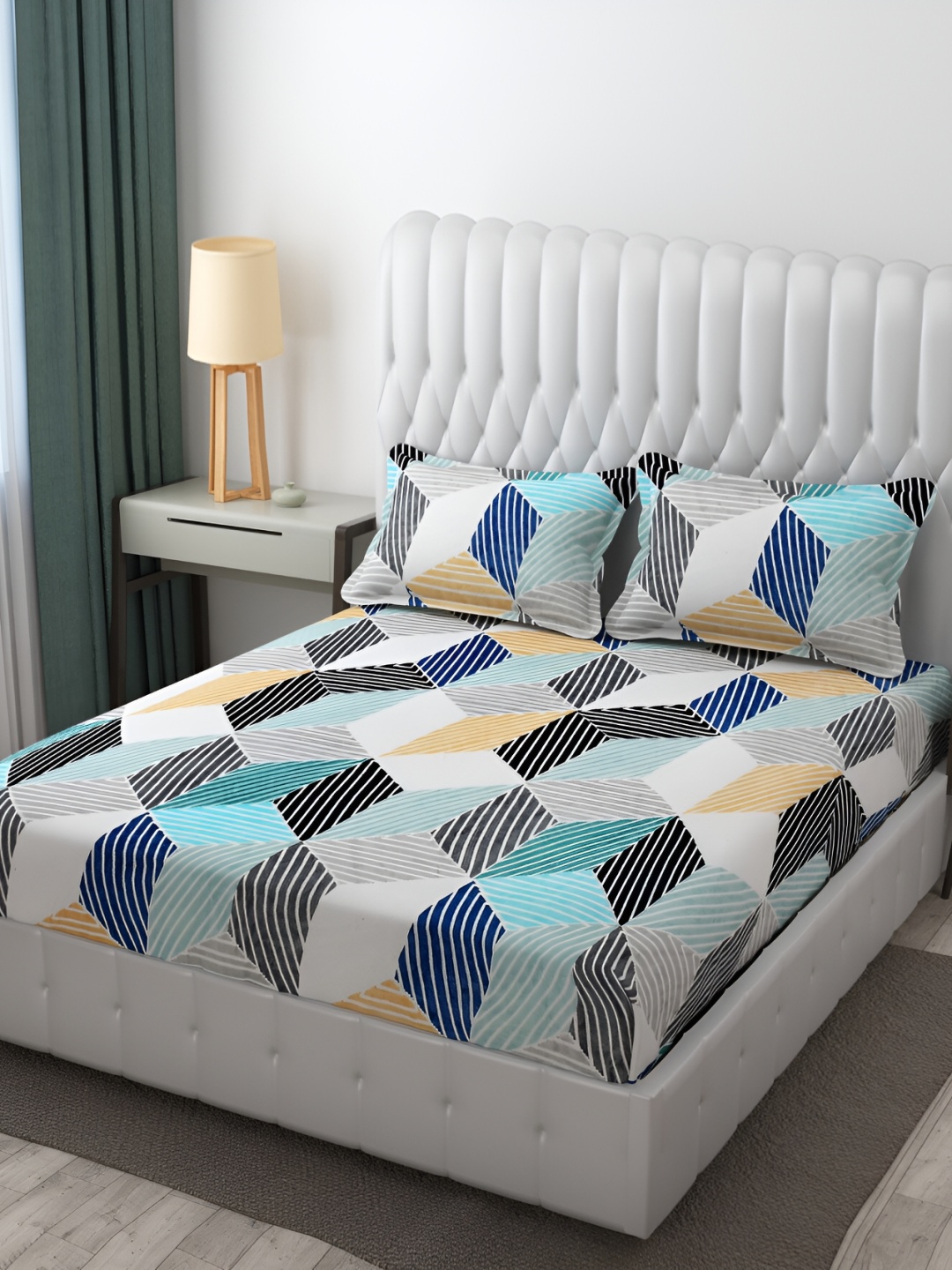 

Furnistitchs Blue & White Geometric 300 TC Fitted King Bedsheet With 2 Pillow Covers