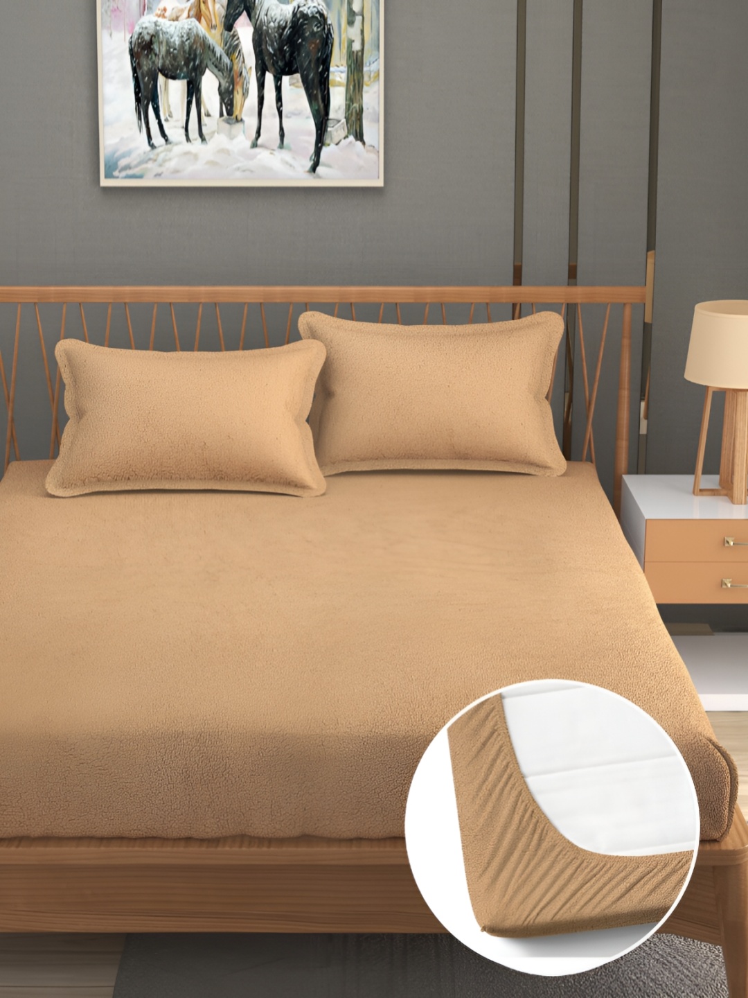 

Furnistitchs Beige 300 TC Woollen Fitted King Bedsheet With 2 Pillow Covers
