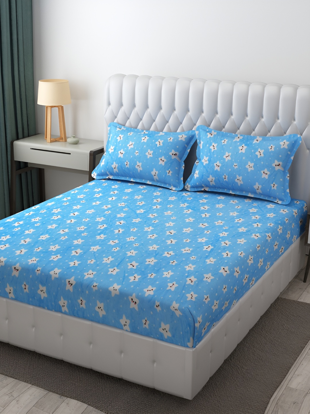 

Furnistitchs Blue & White Stars 300 TC Woollen Fitted King Bedsheet With 2 Pillow Covers