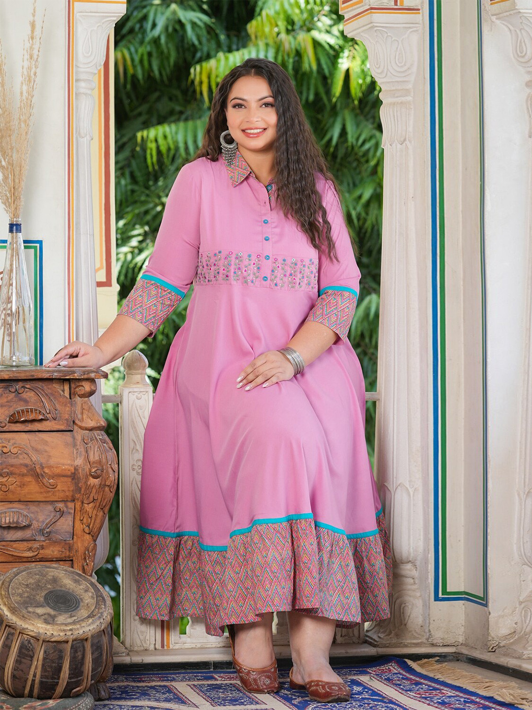 

YASH GALLERY Plus Size Geometric Printed Shirt Collar Knee Length Fit and Flare Dress, Pink