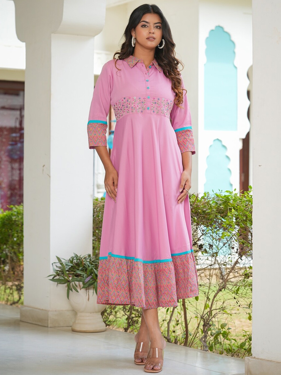 

YASH GALLERY Geometric Printed Shirt Collar Knee Length Fit and Flare Dress, Pink