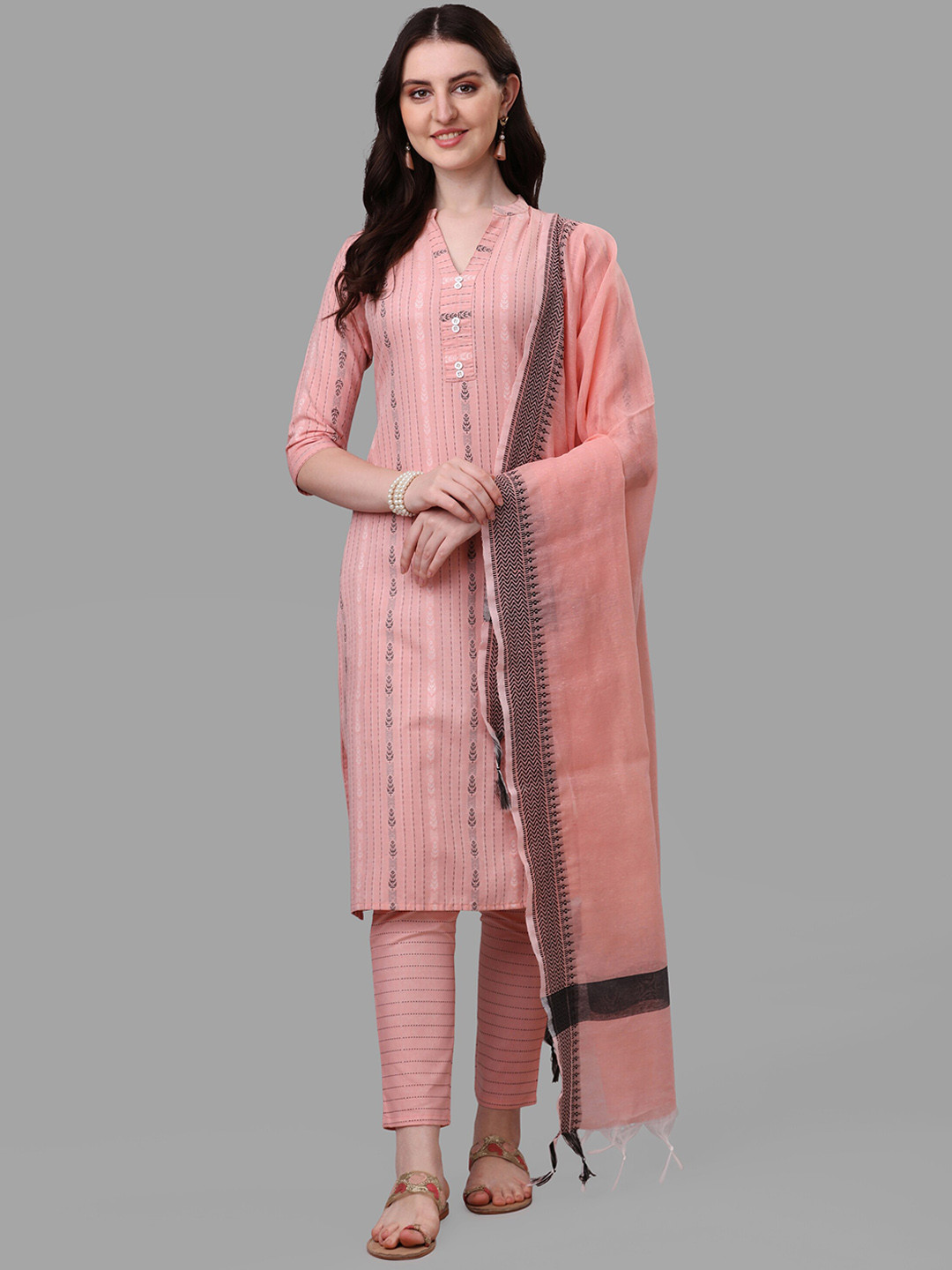 

CaniBani Mandarin Collar Regular Pure Cotton Straight Kurta with Trousers & Dupatta, Peach