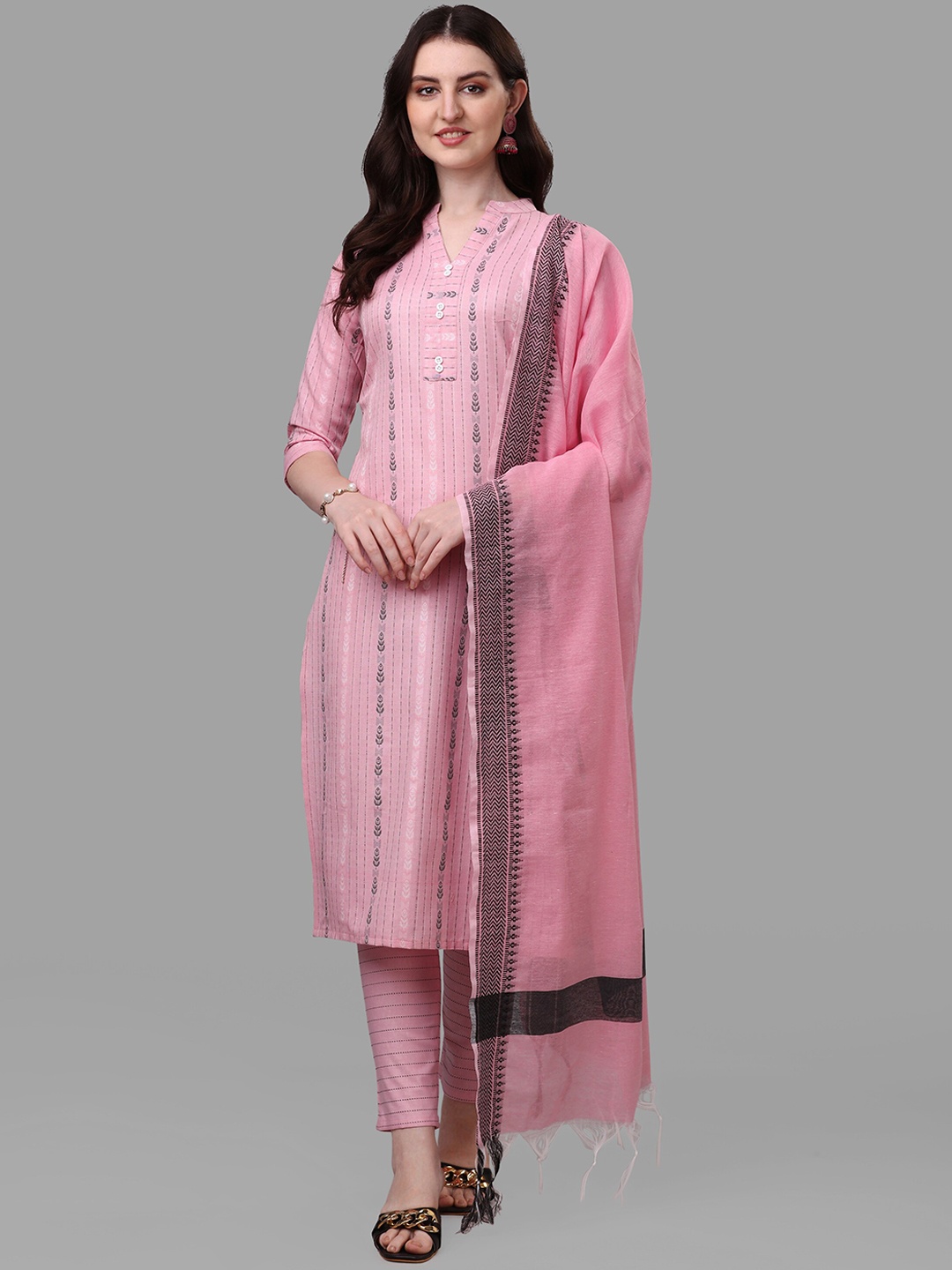 

CaniBani Mandarin Collar Regular Pure Cotton Kurta with Trousers & Dupatta, Pink
