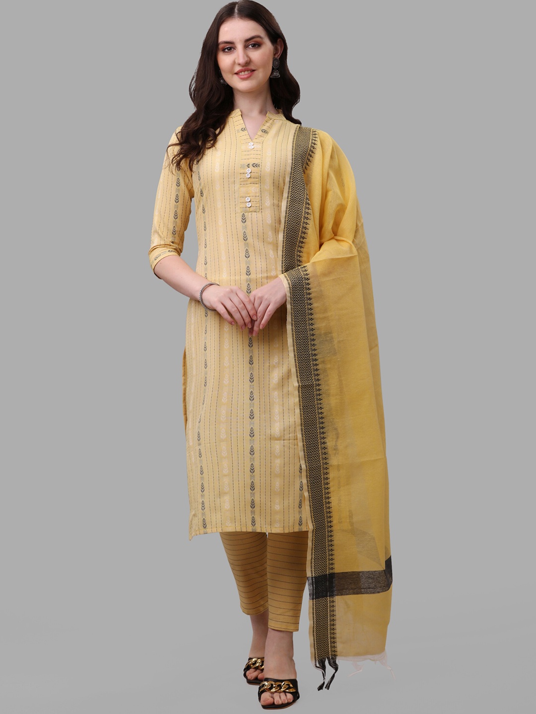

CaniBani Mandarin Collar Regular Pure Cotton Straight Kurta with Trousers & Dupatta, Yellow