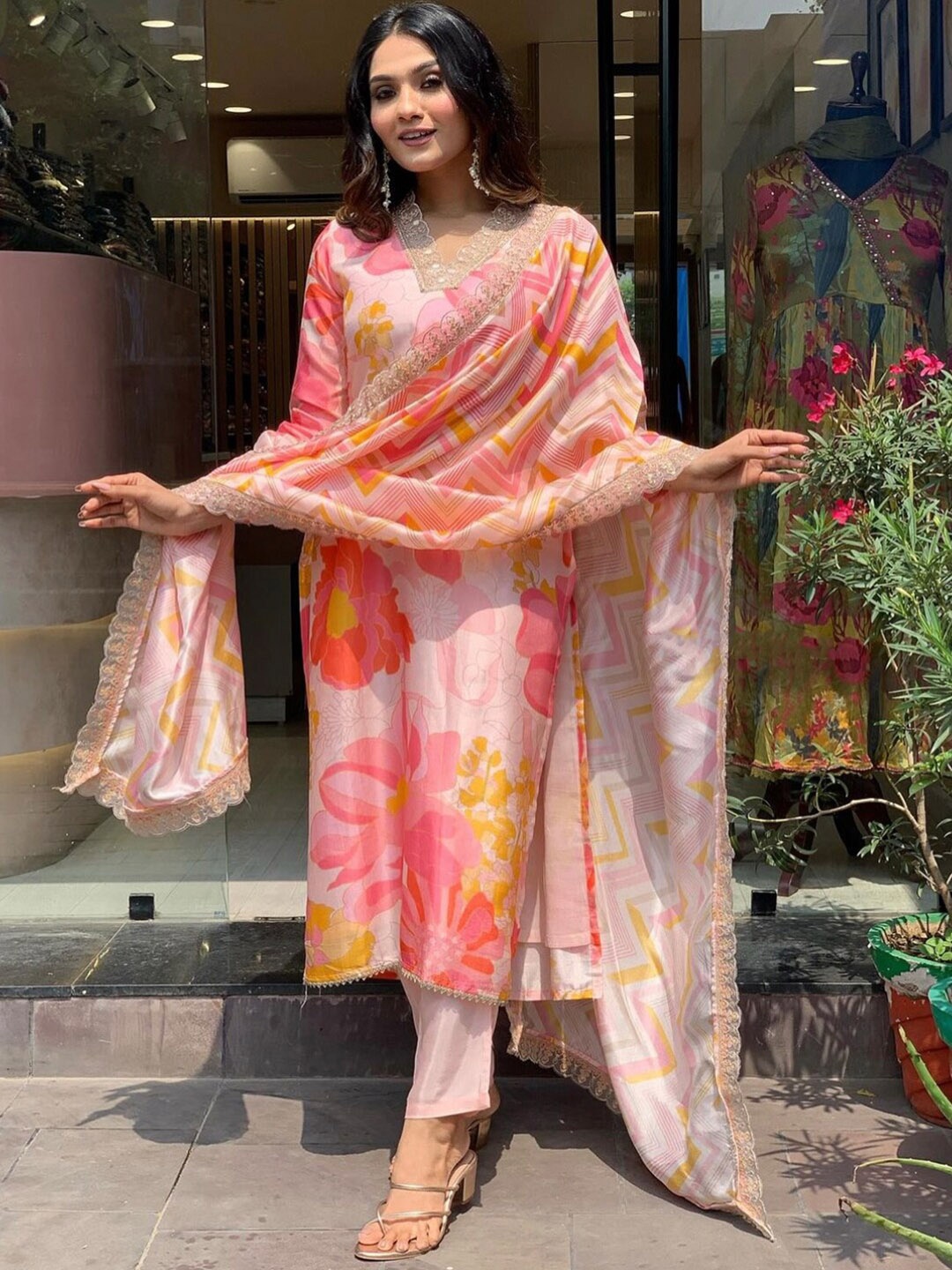

KALINI Floral Printed Sequinned Straight Kurta With Trouser & Dupatta, Orange