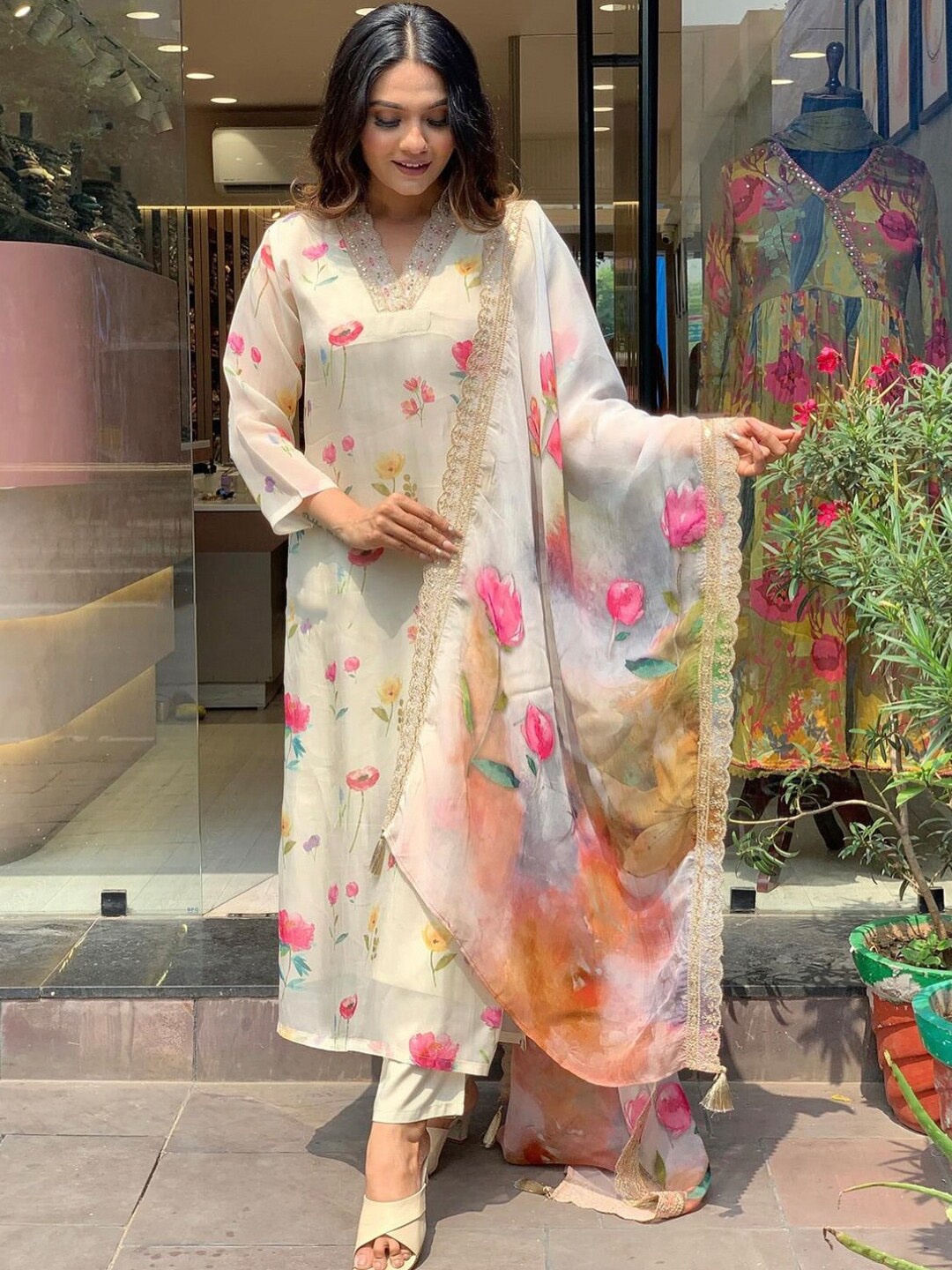 

KALINI Floral Printed Sequinned Straight Kurta With Trouser & Dupatta, Off white