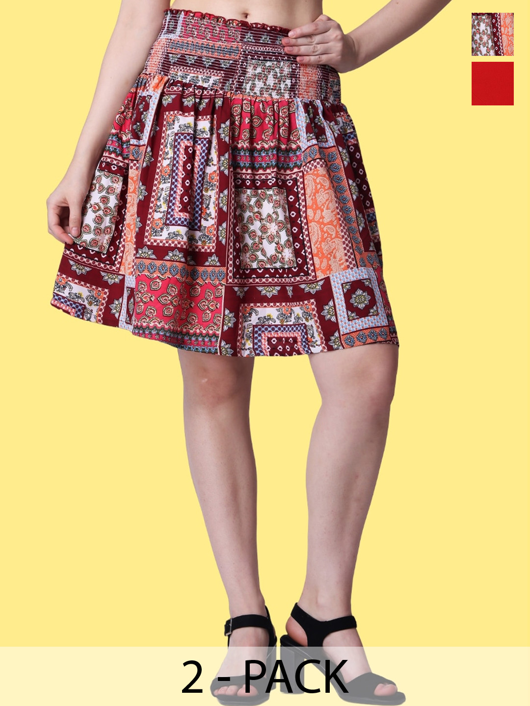 

Popwings Pack of 2 Mid-Rise Flared & Pencil Skirt, Red