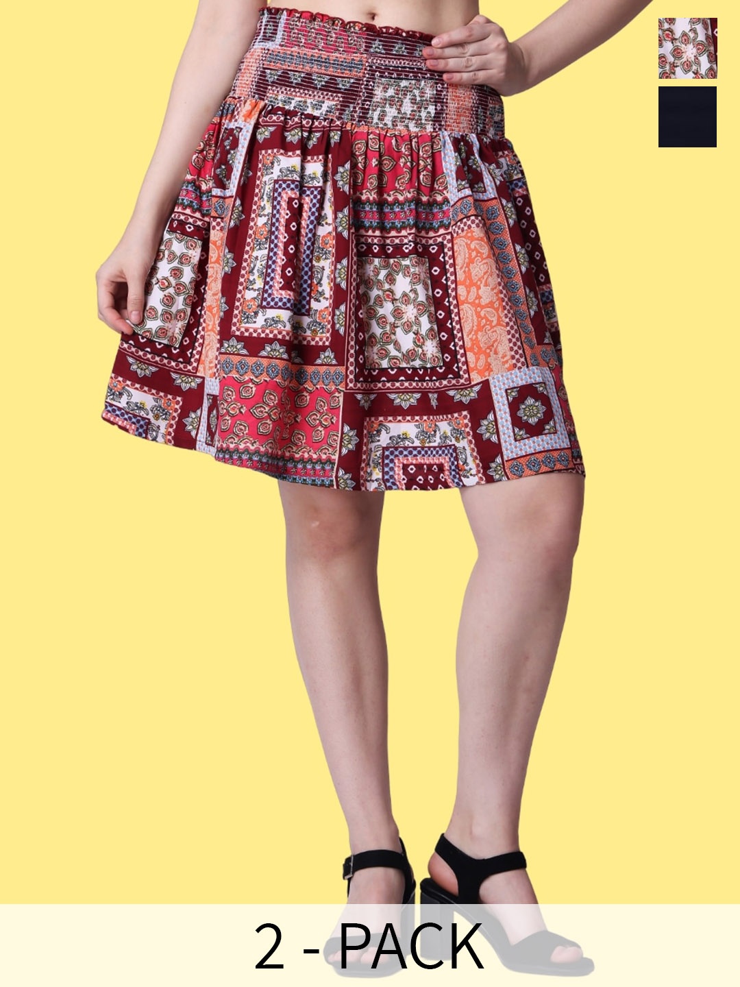 Popwings Pack Of 2 Printed Above Knee Skirts, Black