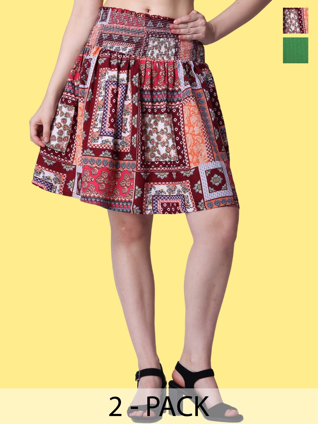 Popwings Pack Of 2 Printed Above Knee Skirts, Green
