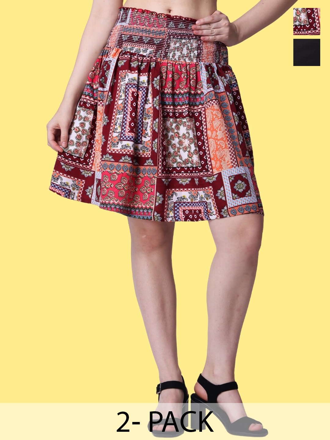 Popwings Pack Of 2 Printed Above Knee Skirts, Black